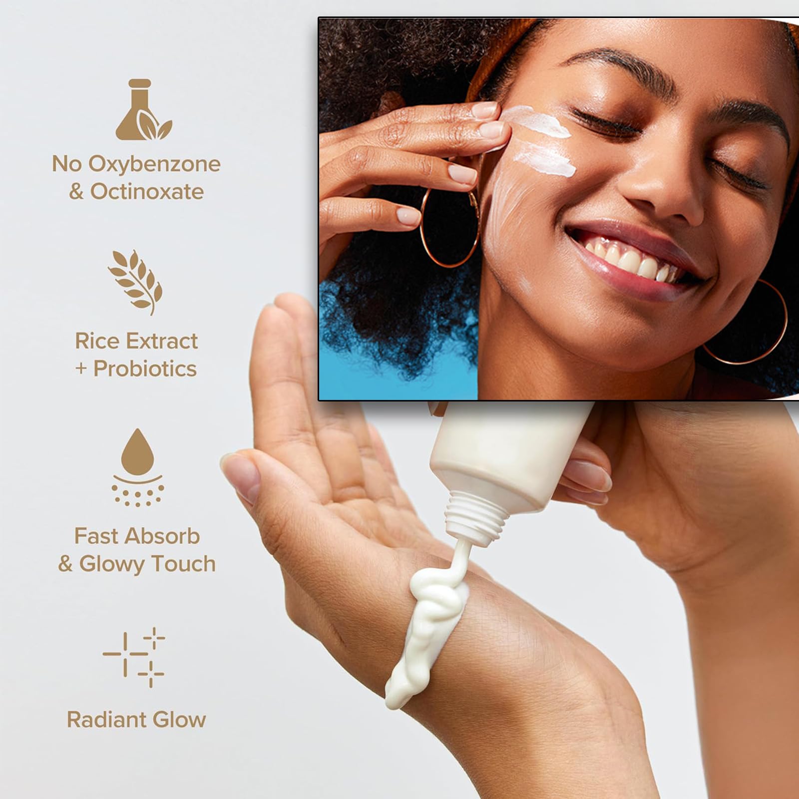 Gonalulu Relief Sun sunscreen tube showing SPF 50 and rice and probiotics branding.
