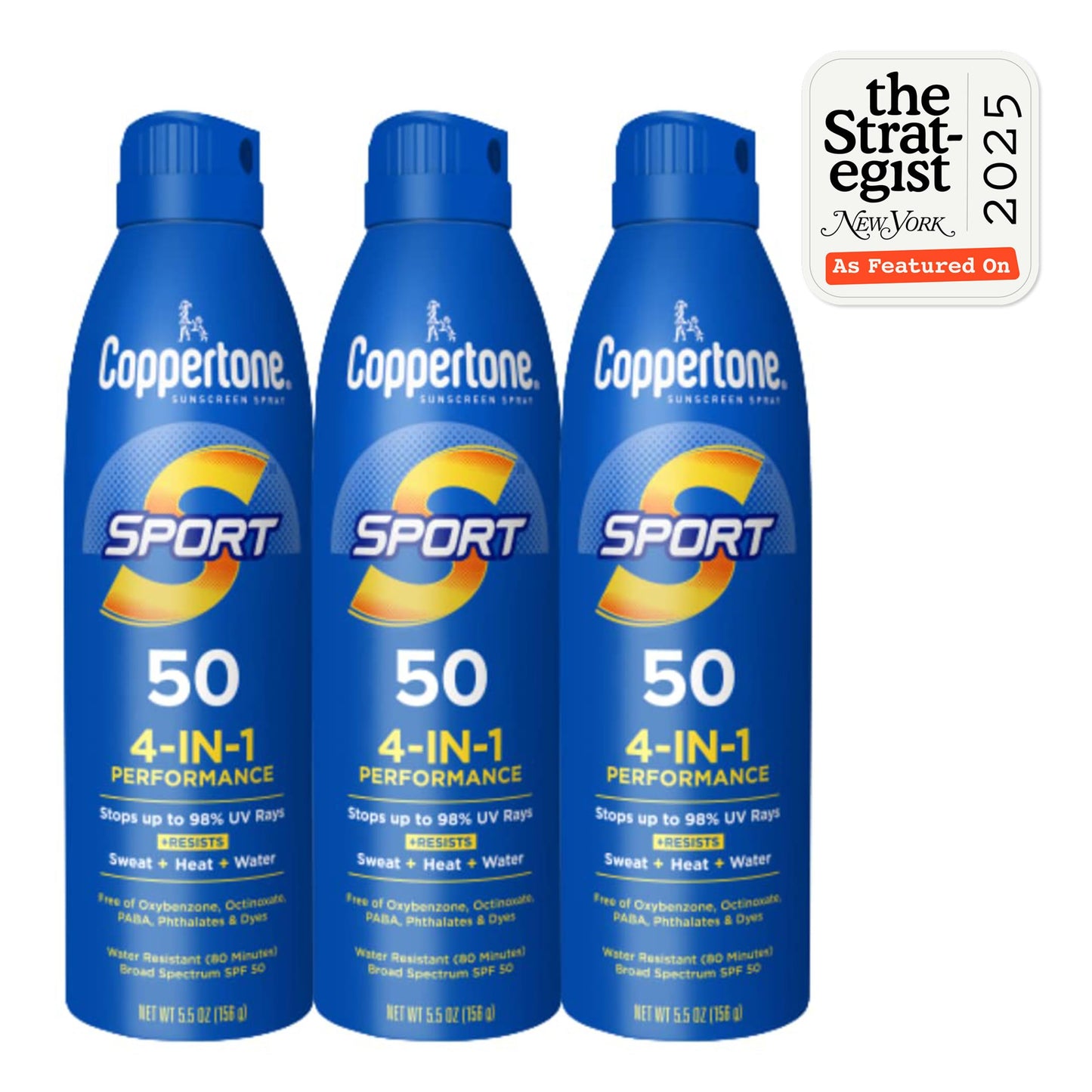 Three bottles of Coppertone Sport Sunscreen Spray SPF 50