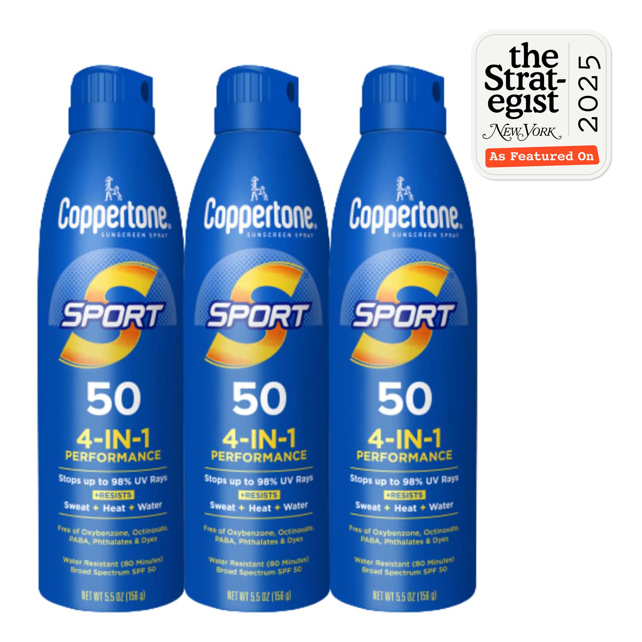 Three bottles of Coppertone Sport Sunscreen Spray SPF 50
