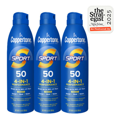 Three bottles of Coppertone Sport Sunscreen Spray SPF 50