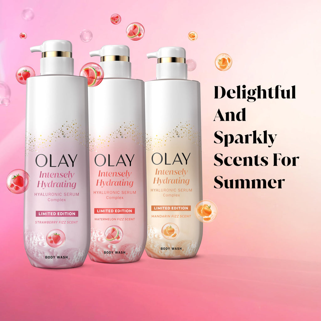 Olay strawberry scented body wash packaging angle shot