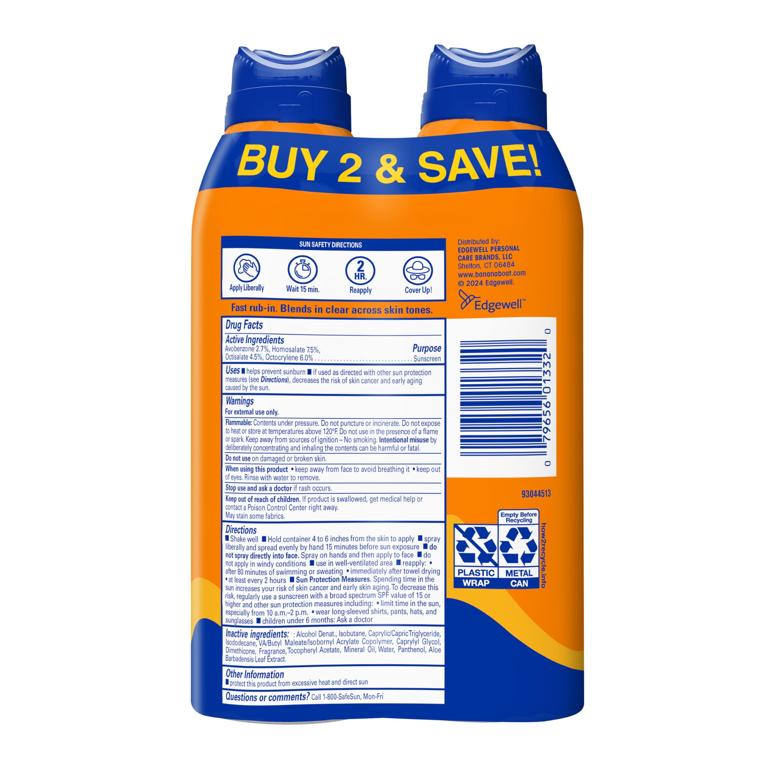 Banana Boat SPF 50 sunscreen spray twin pack packaging back view