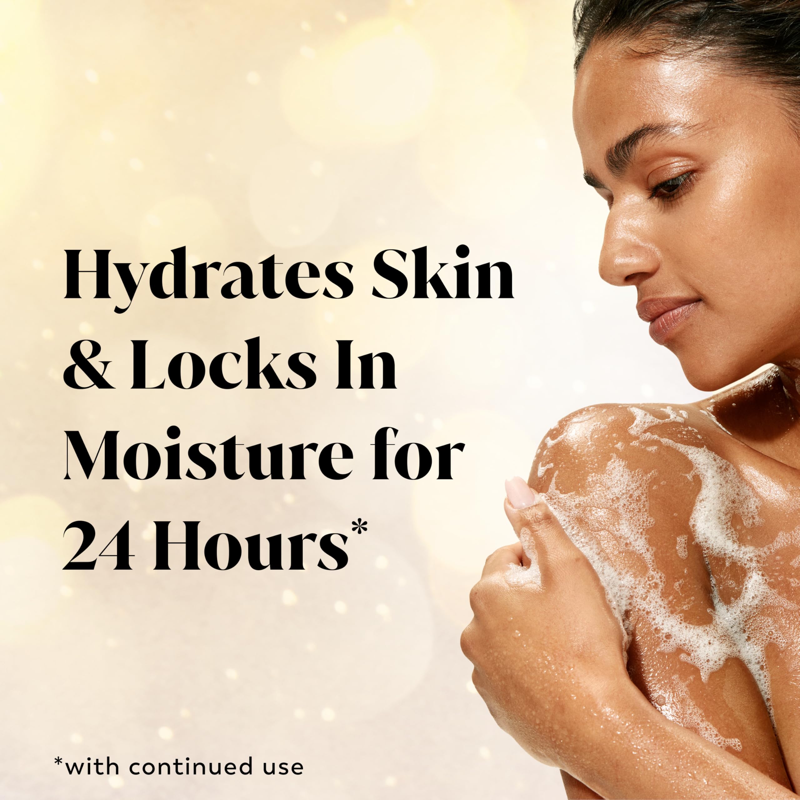 Olay moisturizing body wash bottle displaying glazed creme and vanilla custard scent label