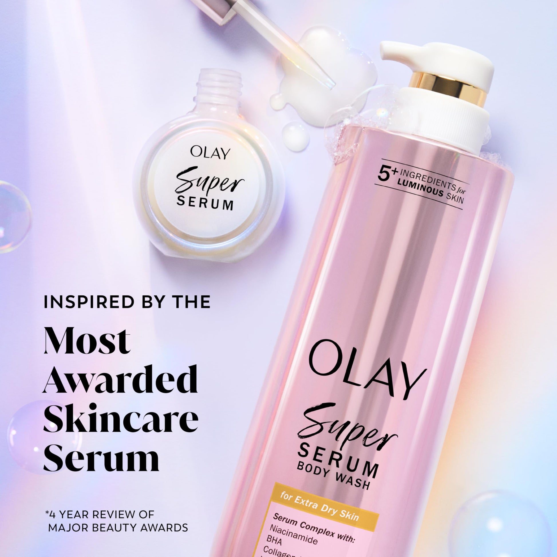 Side view of Olay Super Serum Body Wash bottle for dry skin