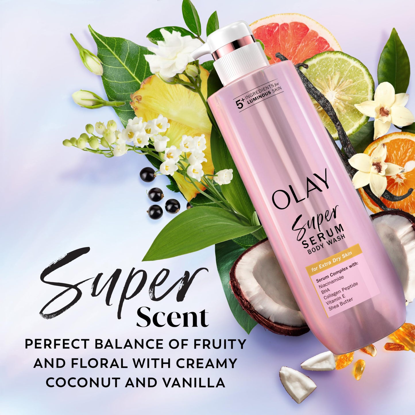 Lifestyle shot of Olay Super Serum Body Wash in a shower setting