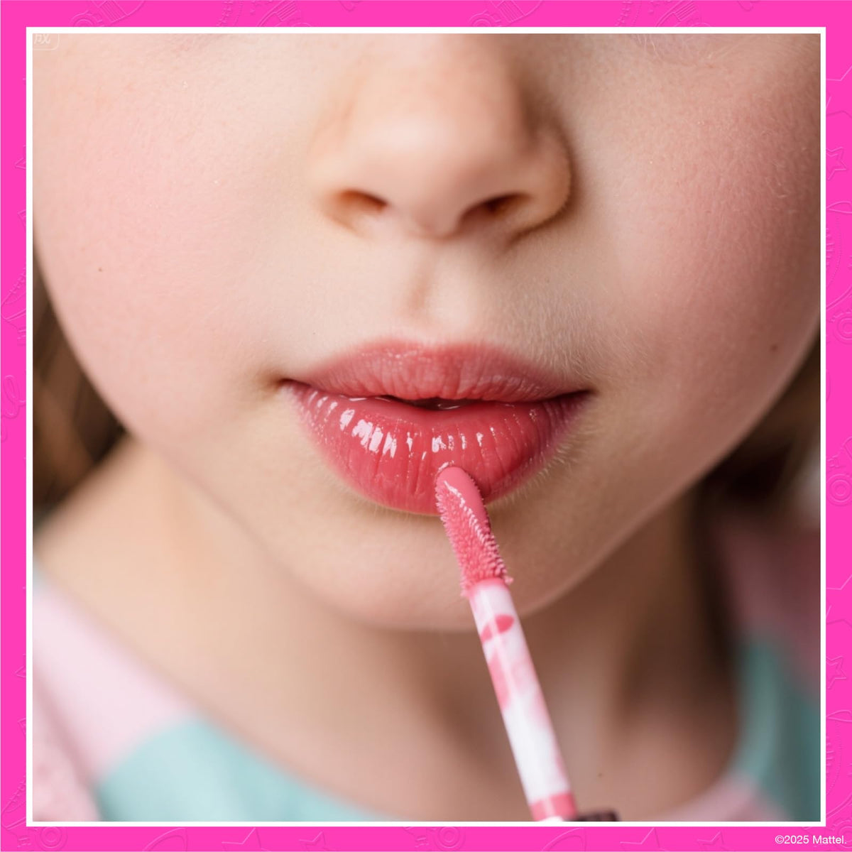 Side angle view of the Barbie 7-piece lip gloss box