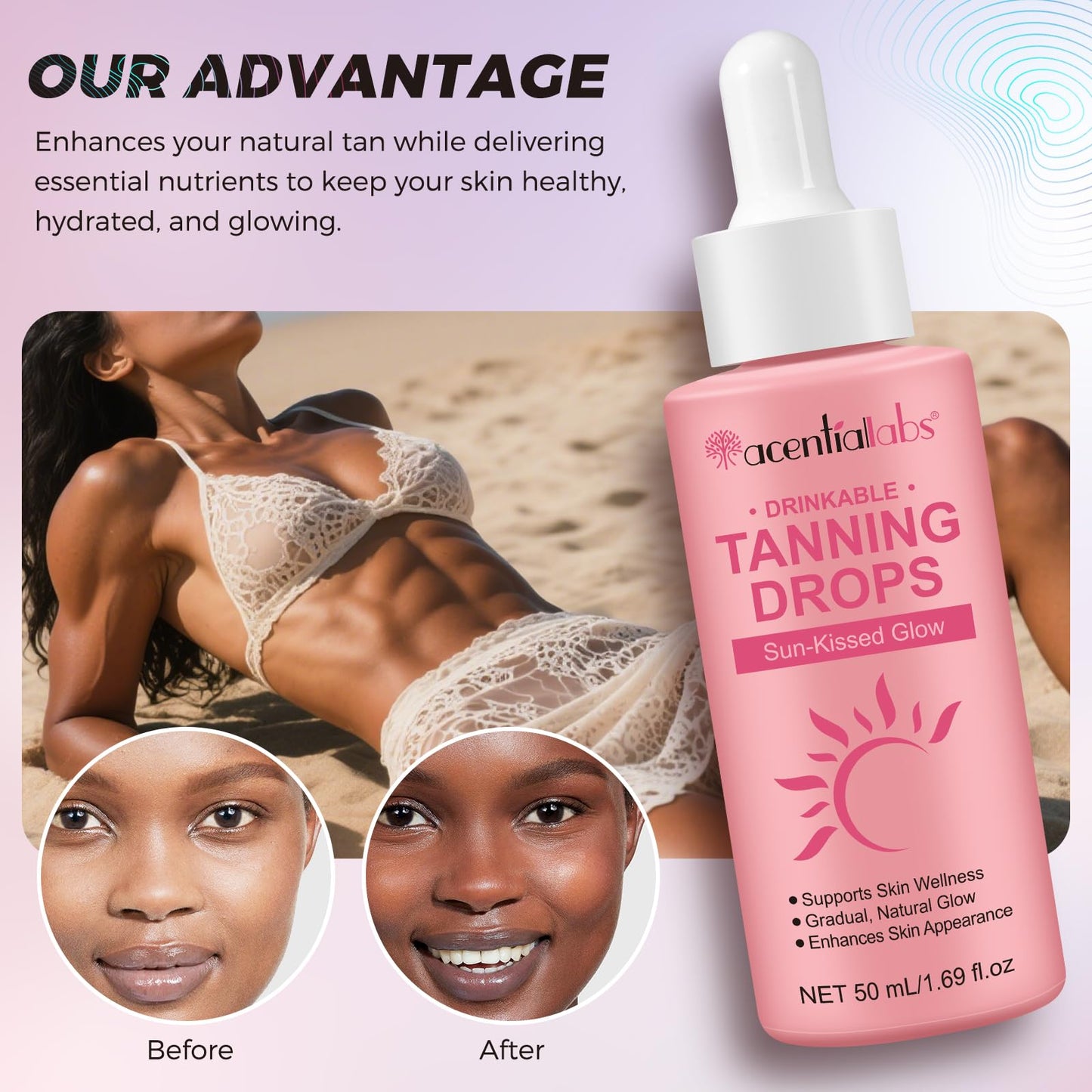Side view of ZyranovaE melanin boosting tanning drops packaging