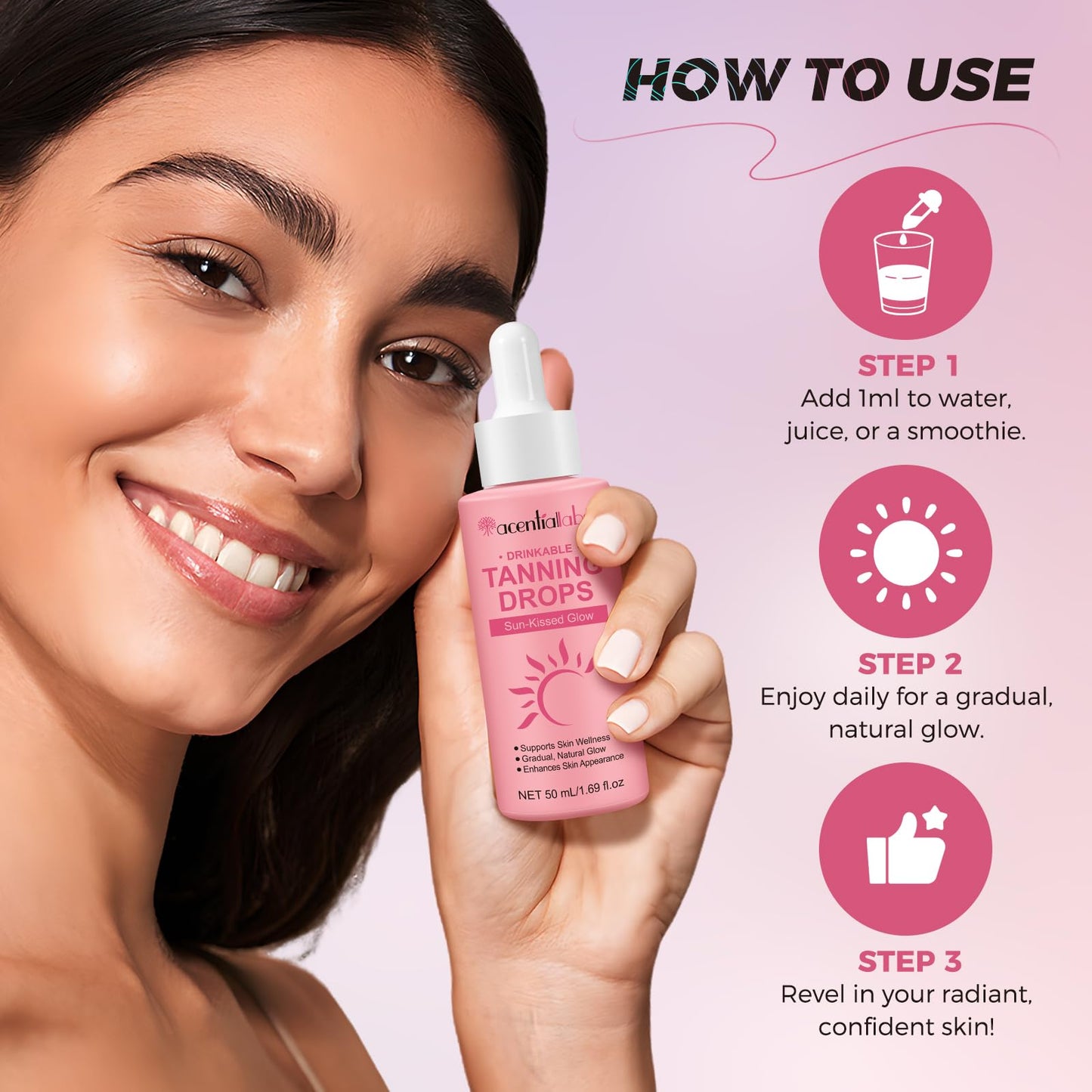 Back label of ZyranovaE tanning drops showing usage instructions