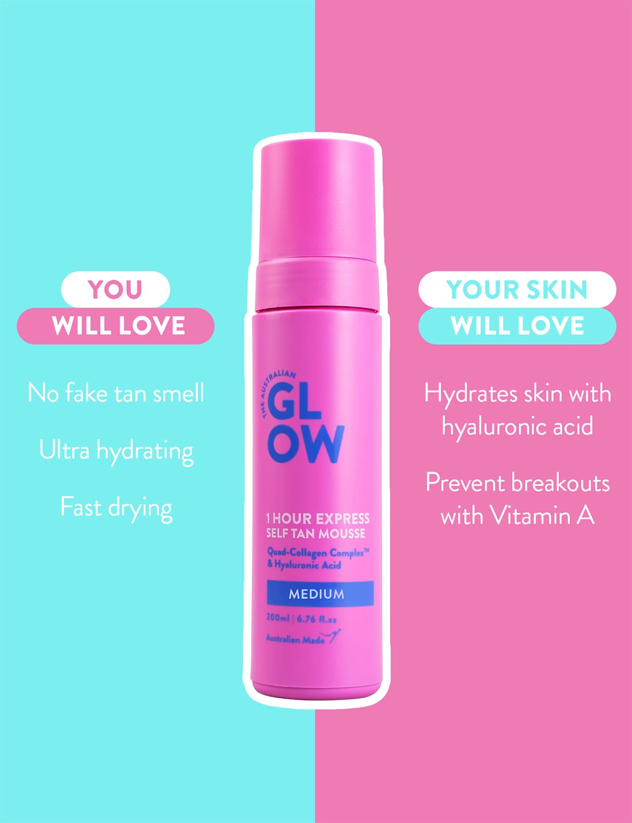 Australian Glow self tan mousse bottle showing shade medium