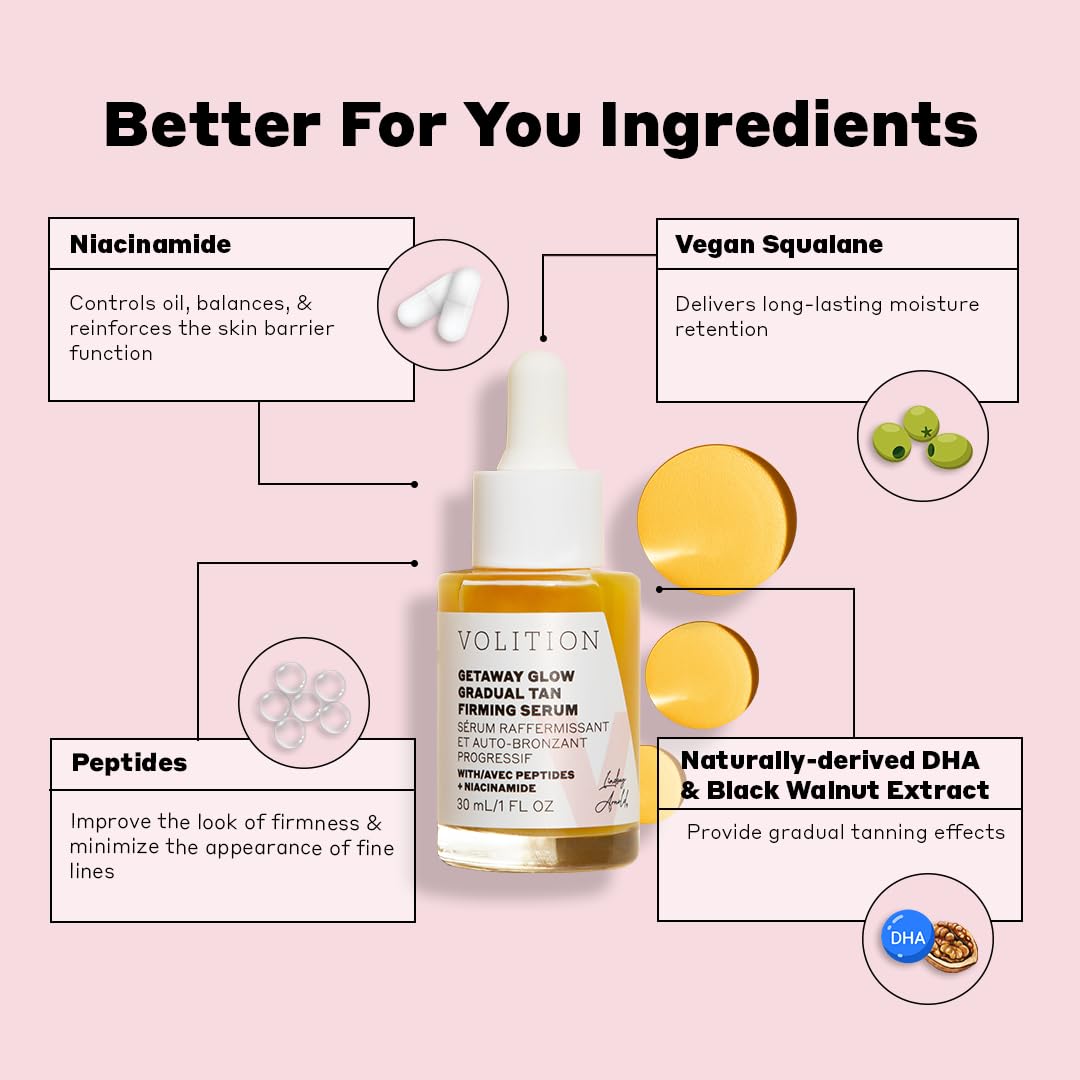 Volition Beauty tanning serum packaging showing peptide and niacinamide ingredients