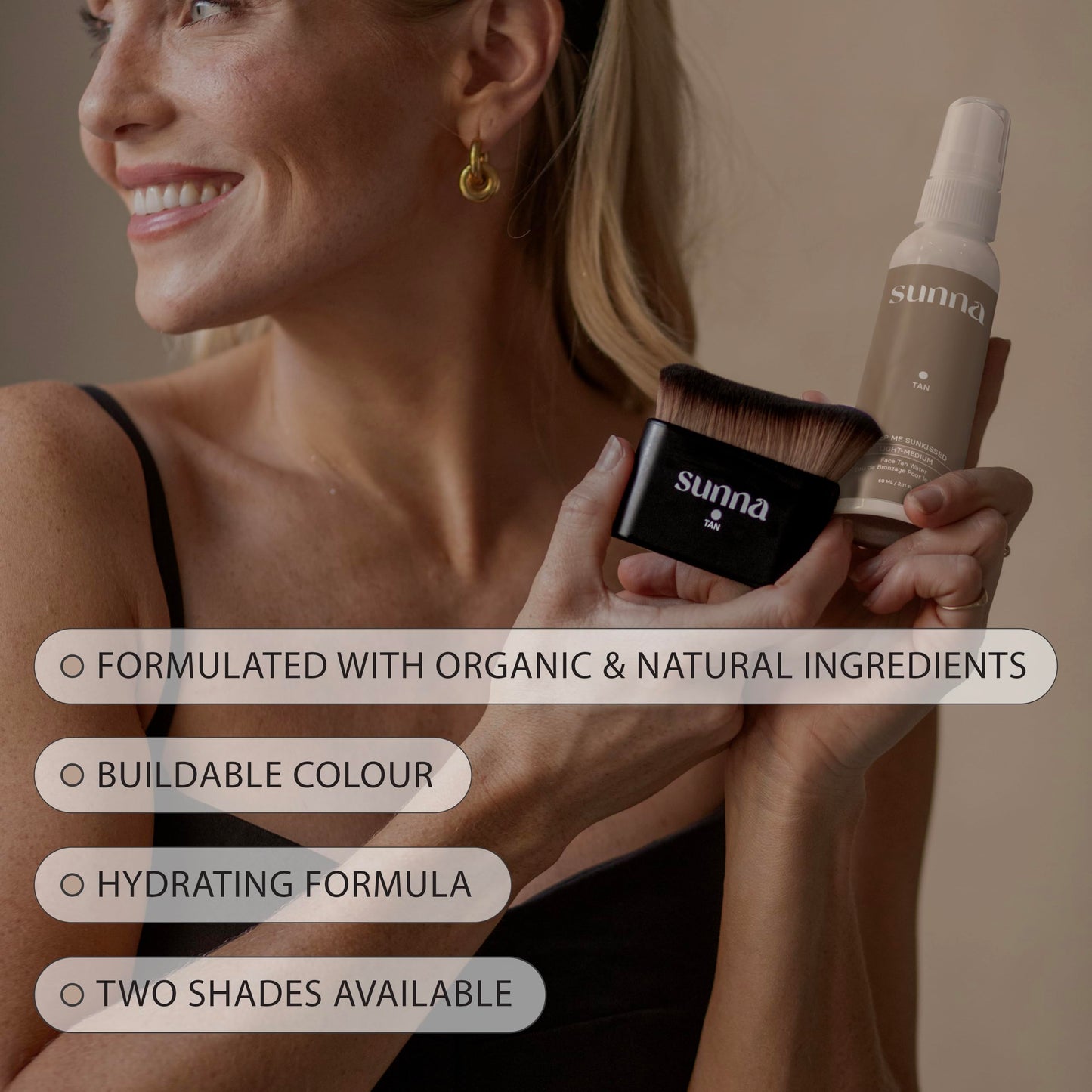 SunnaTan Face Tan Water packaging showing ingredients and size