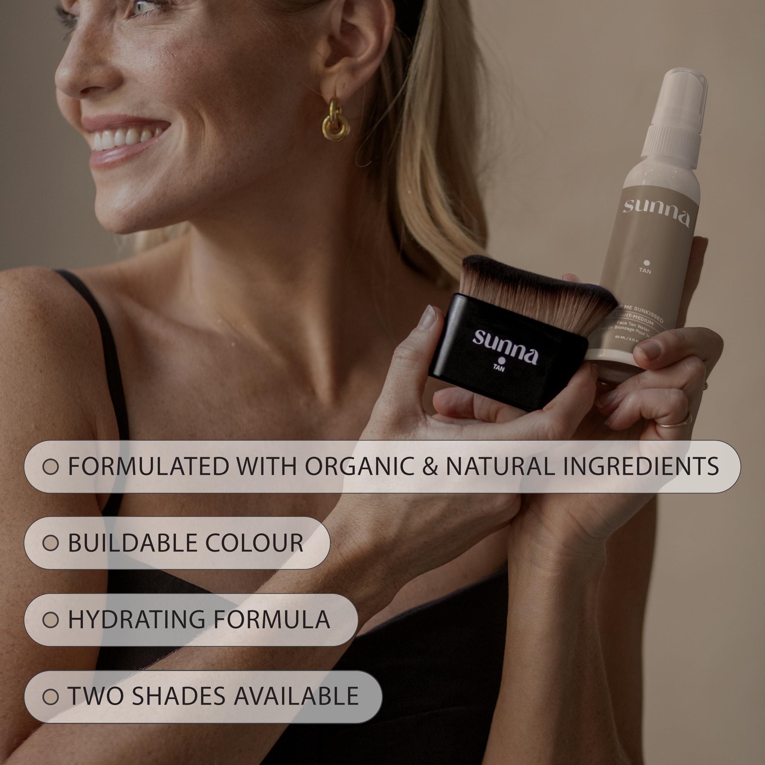 SunnaTan Face Tan Water packaging showing ingredients and size