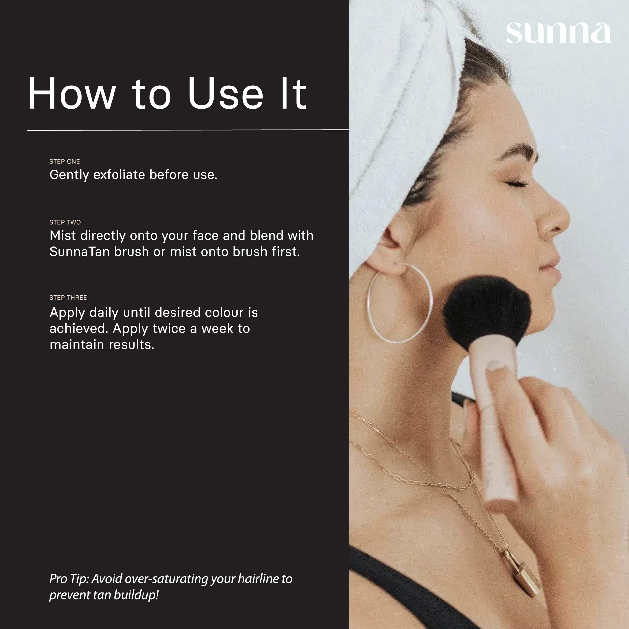 Model applying SunnaTan Face Tan Water for a natural look