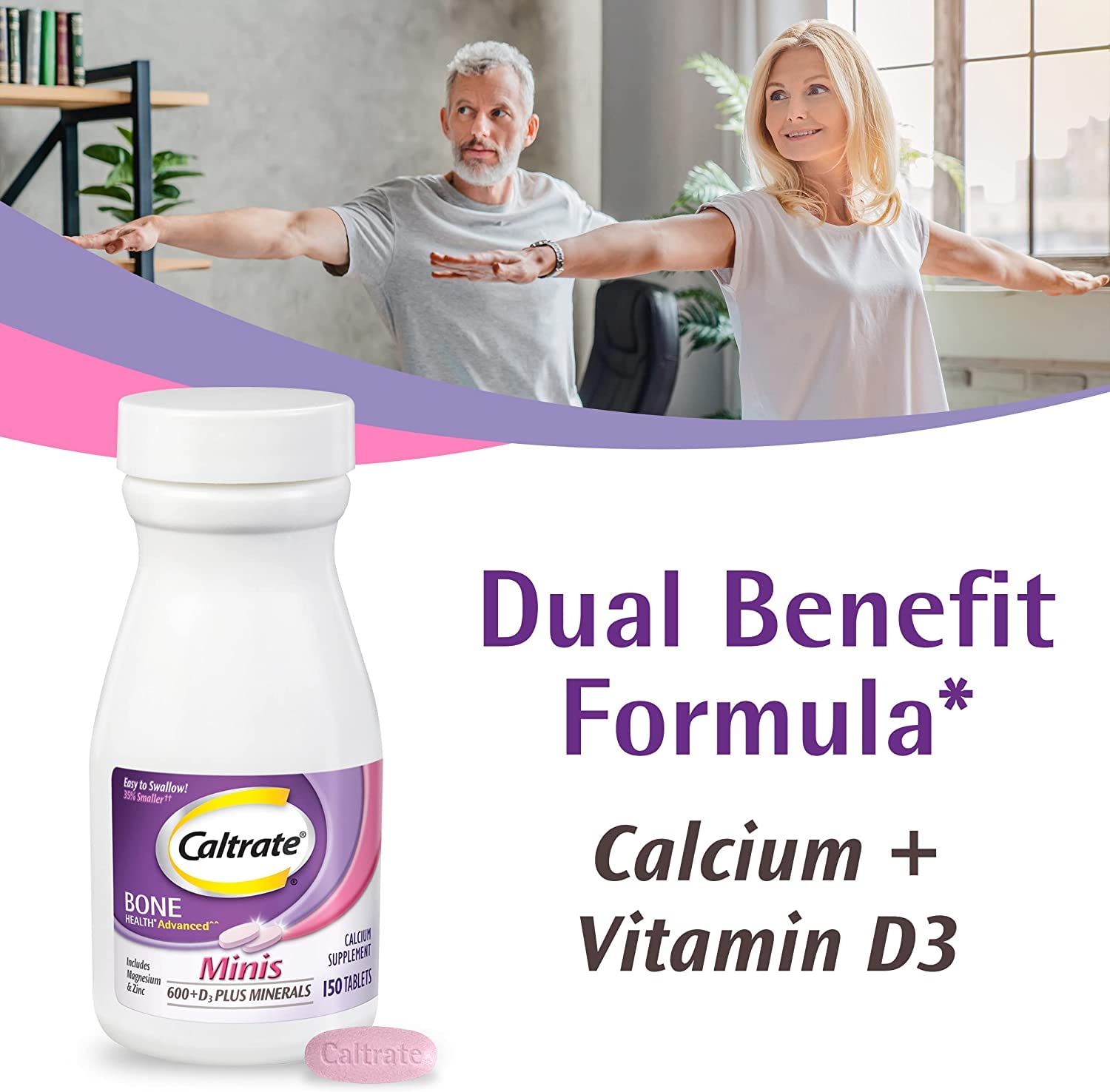 Back label of Caltrate Calcium and Vitamin D3 supplement displaying nutritional facts and ingredients.
