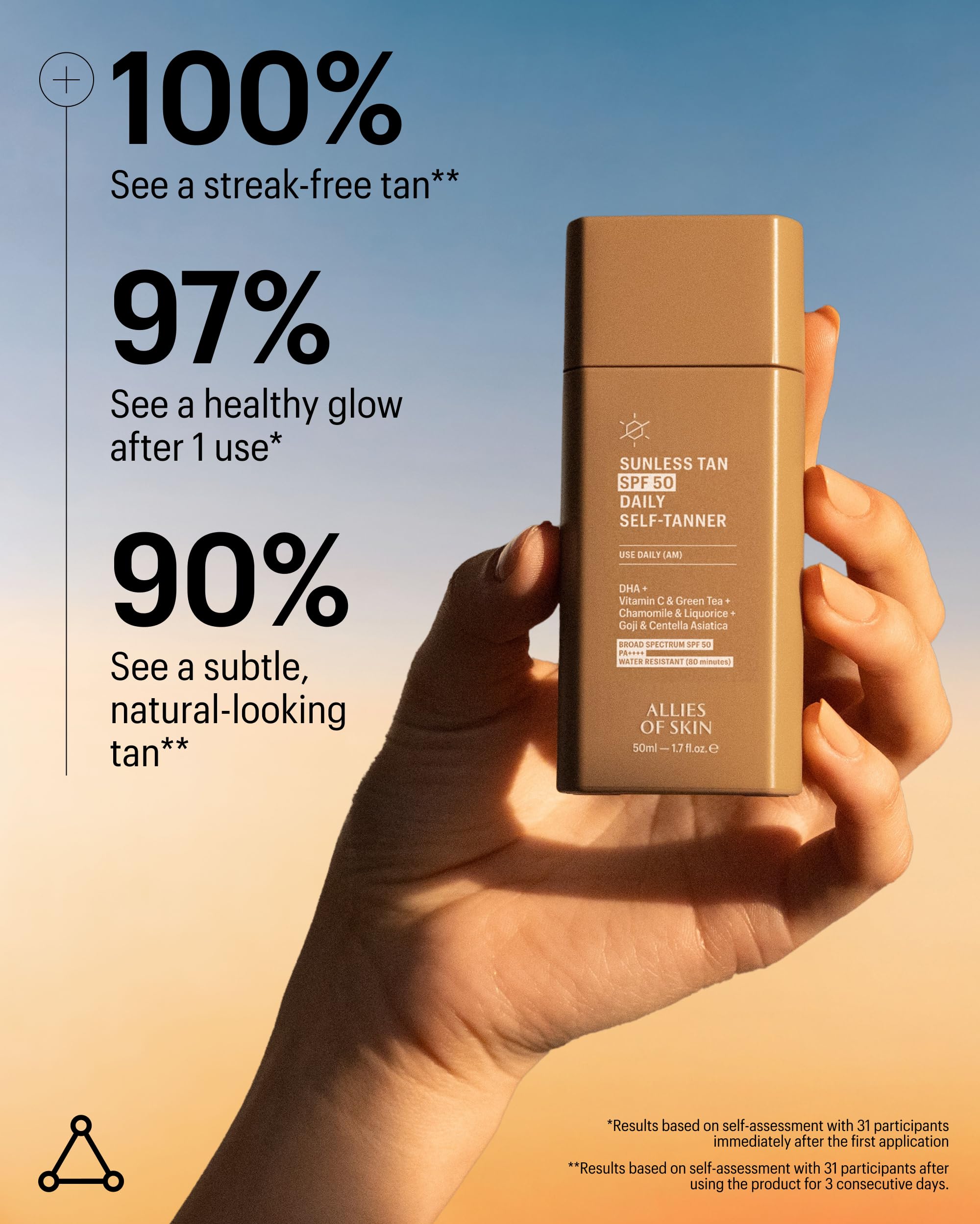 Side view of Allies of Skin daily self-tanner bottle