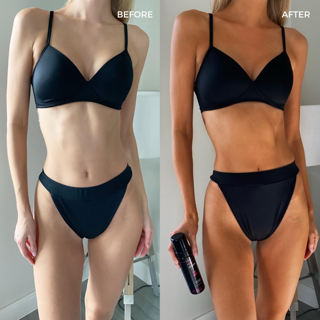 Marketing visual showing sunless tanning results with Rose and Caramel mousse