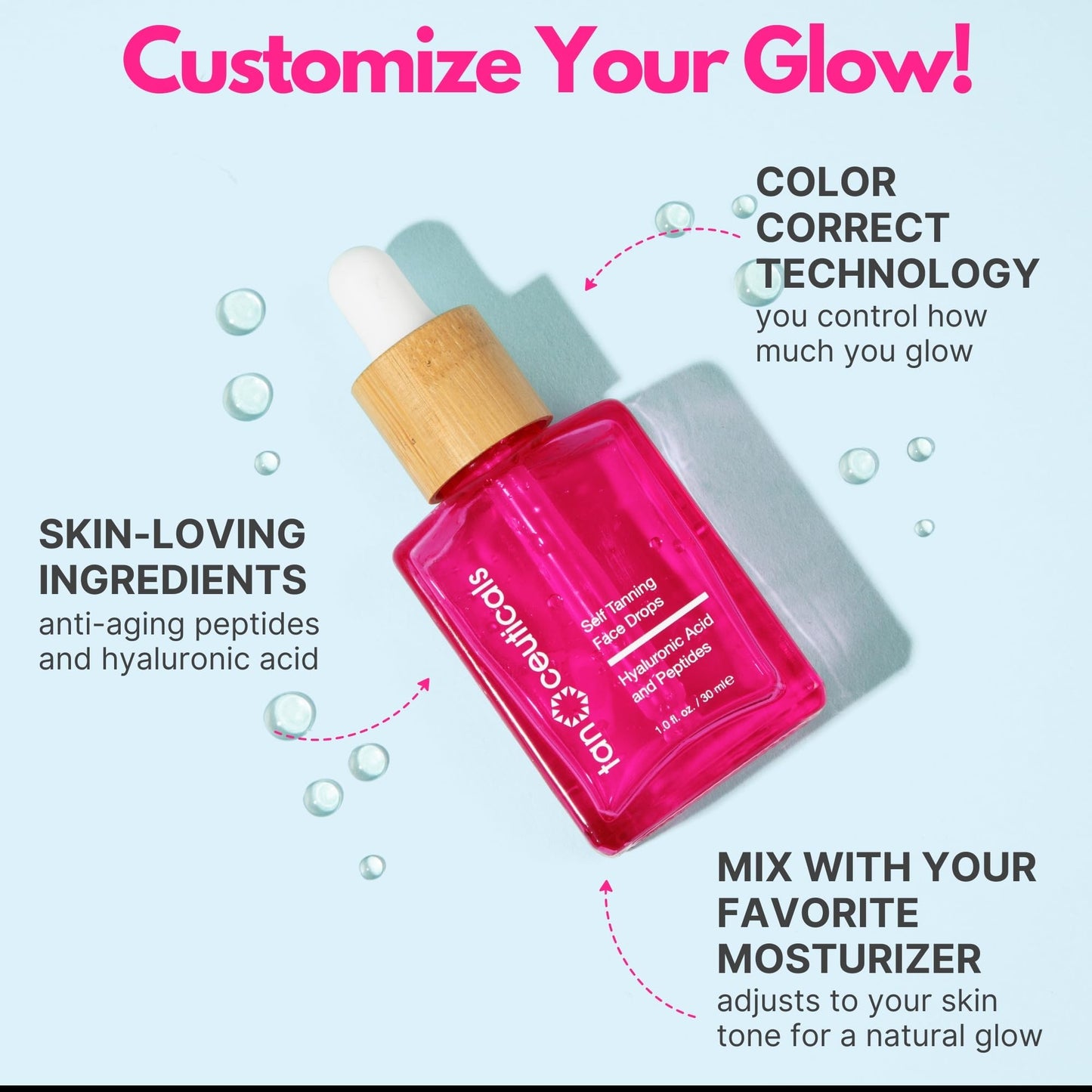 Tanceuticals face tanning serum packaging with hyaluronic acid details