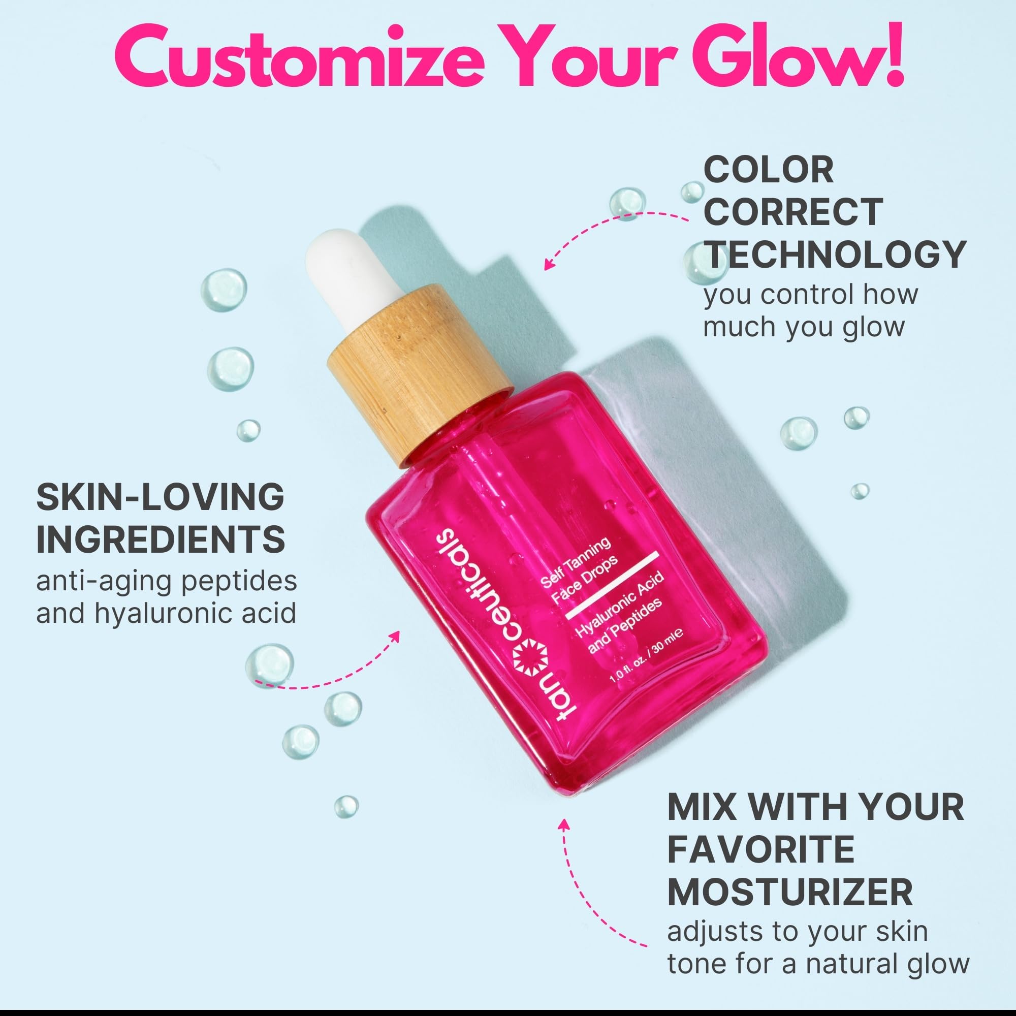 Tanceuticals face tanning serum packaging with hyaluronic acid details
