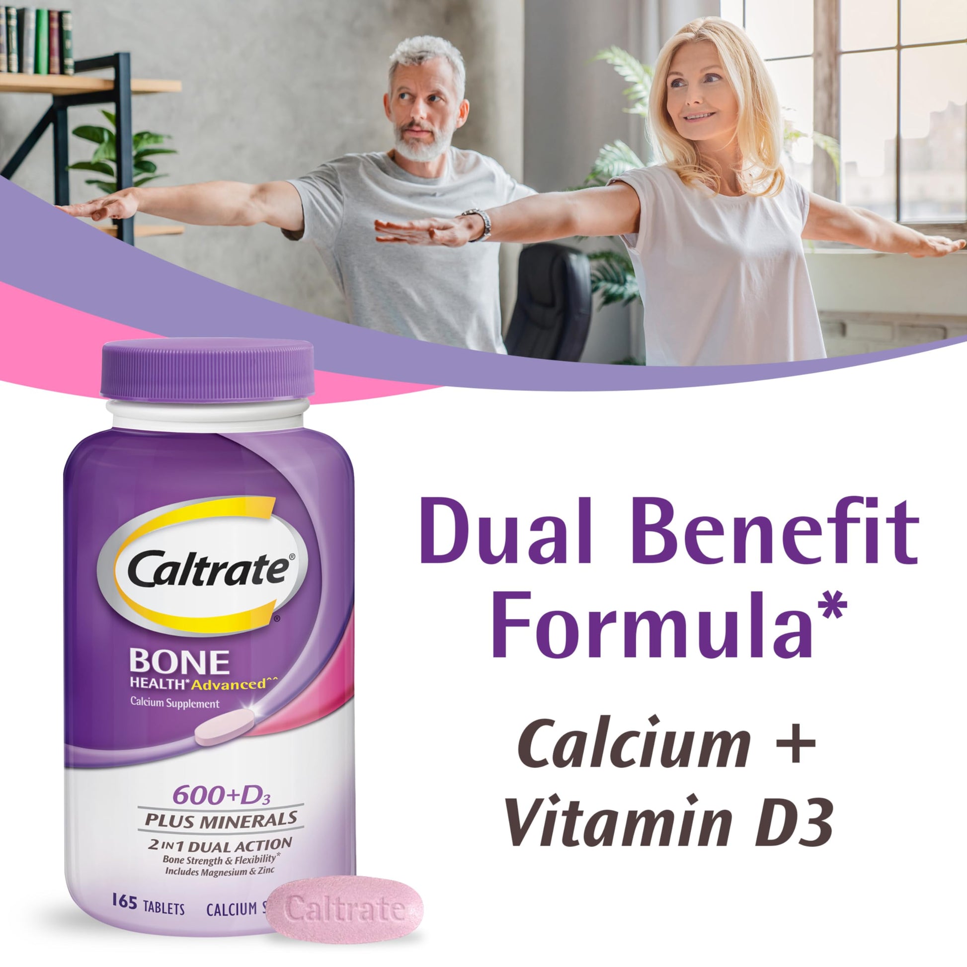 Caltrate calcium and vitamin D3 165 tablets bottle showing detailed supplement facts panel