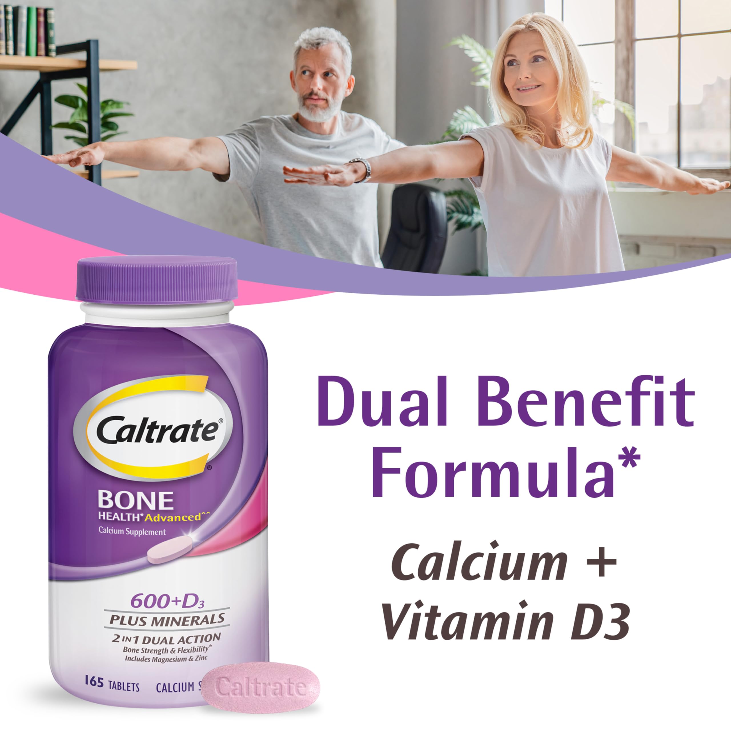 Caltrate calcium and vitamin D3 165 tablets bottle showing detailed supplement facts panel