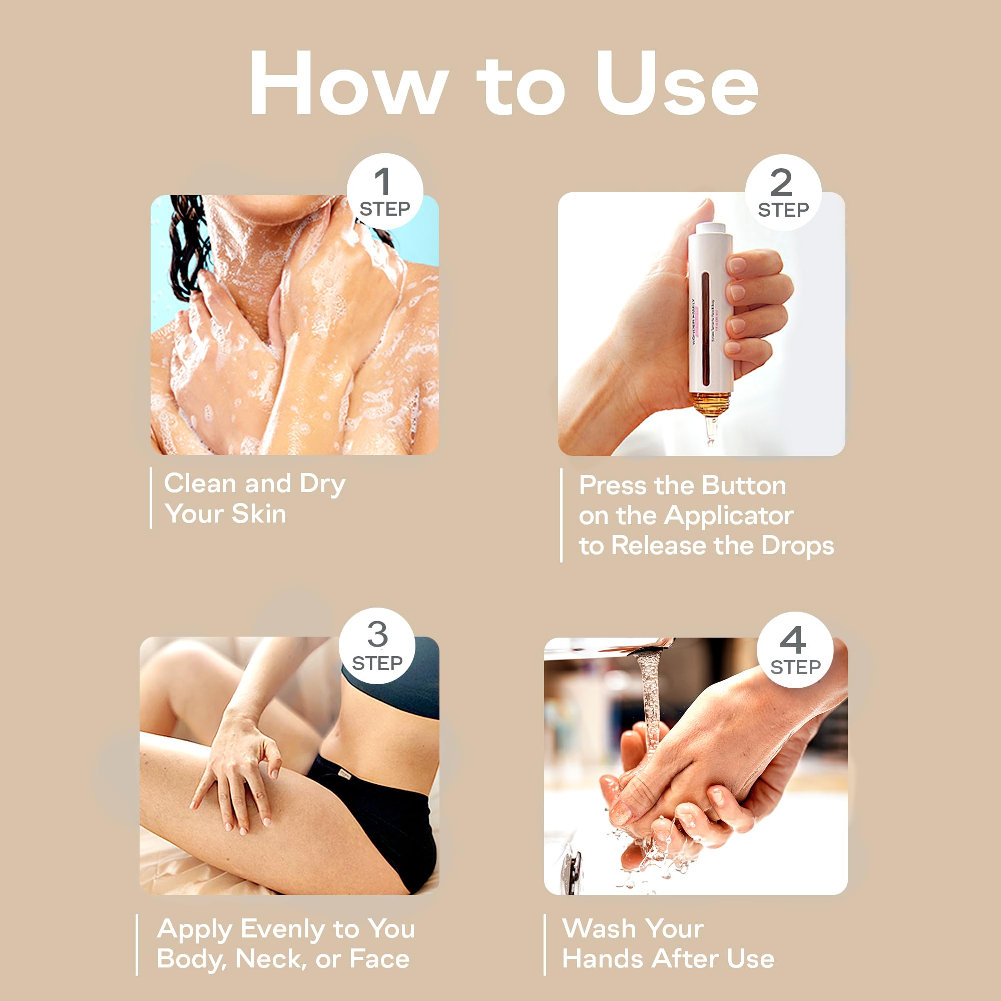 Application demonstration of self tanning drops on skin