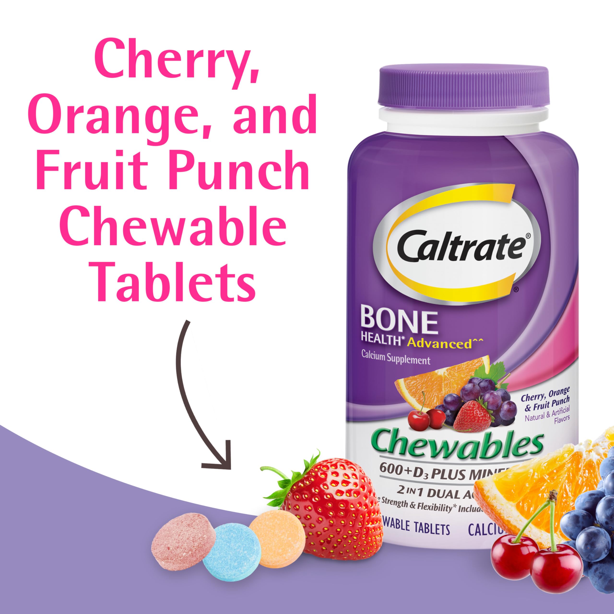 Caltrate dietary supplement bottle showing sugar free fruit flavor variety details