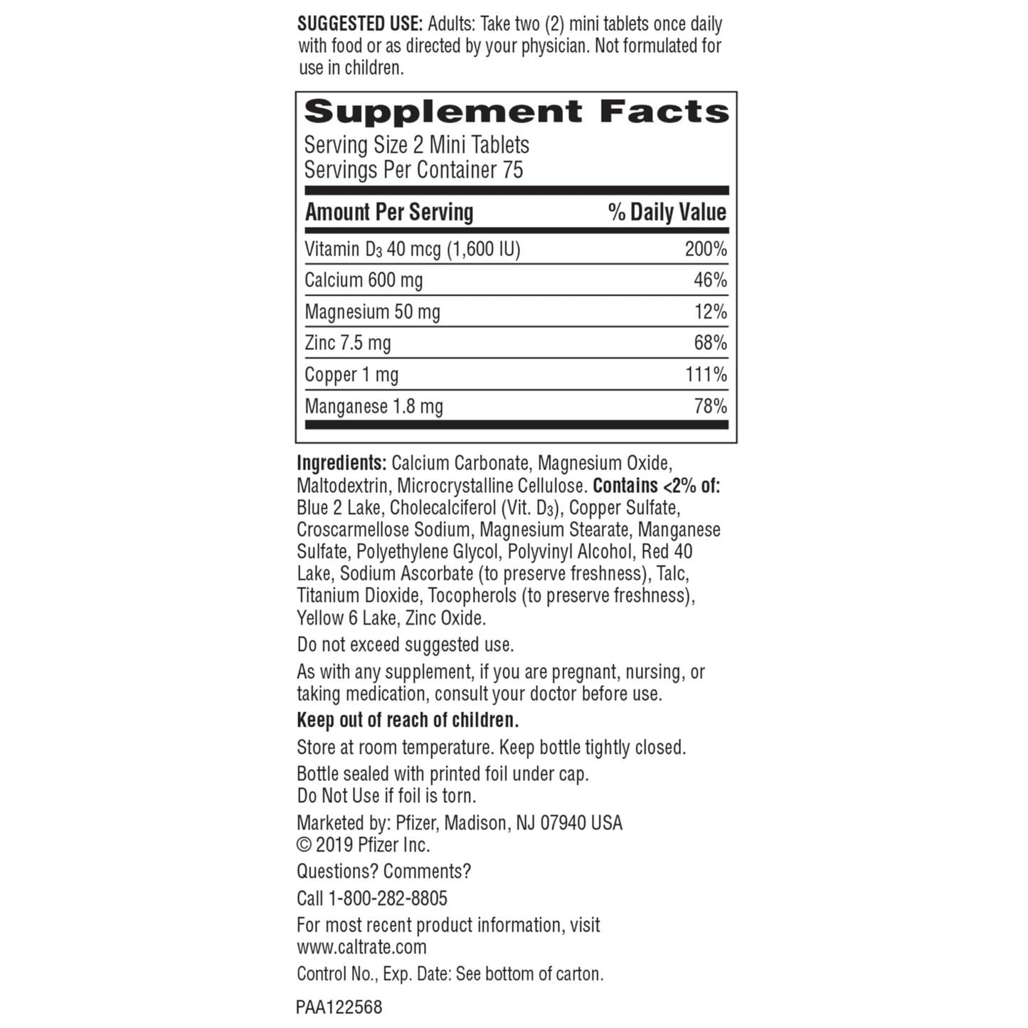 Detailed product label of Caltrate Minis bone supplement