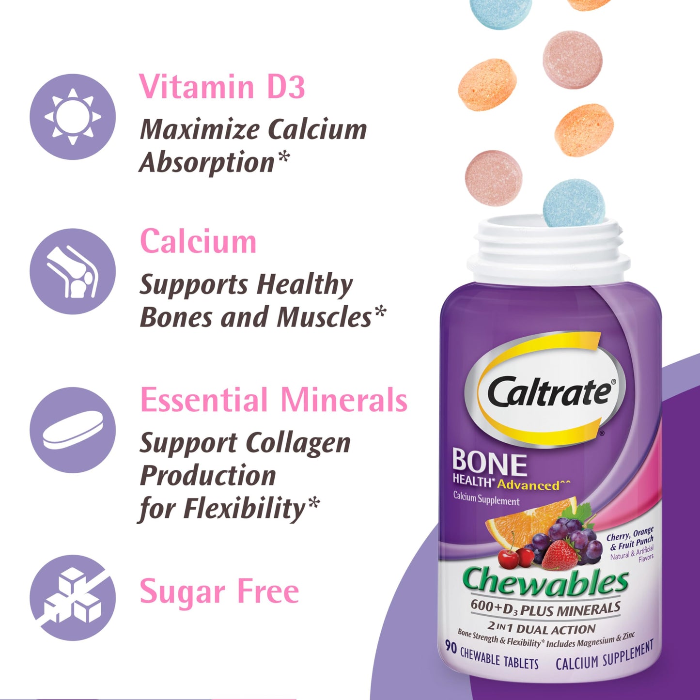 Side view of Caltrate chewable calcium supplement bottle with manufacturer details
