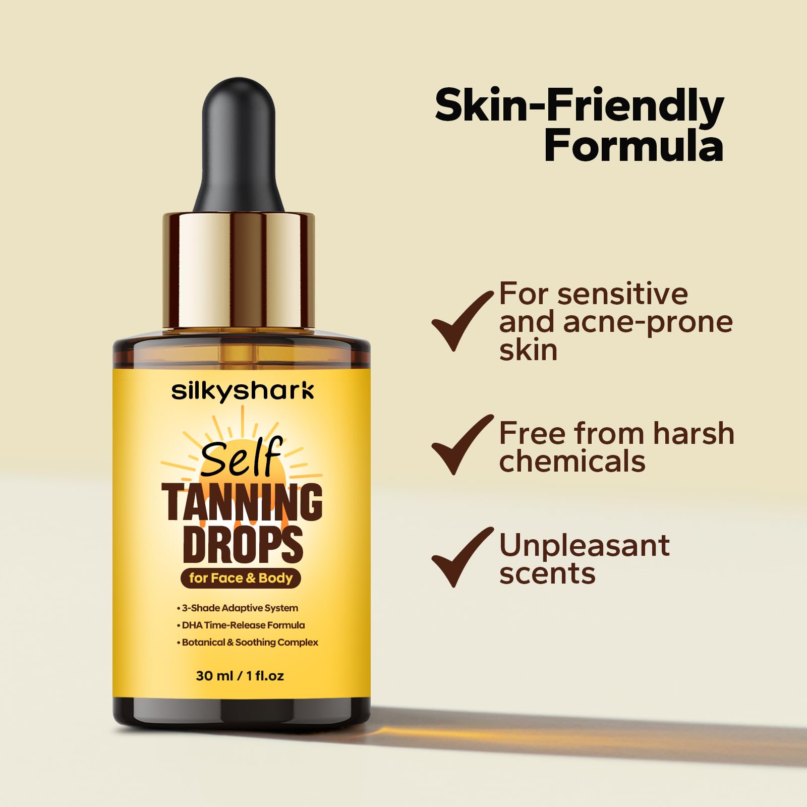 Model showing glowing skin after using SilkyShark tanning drops
