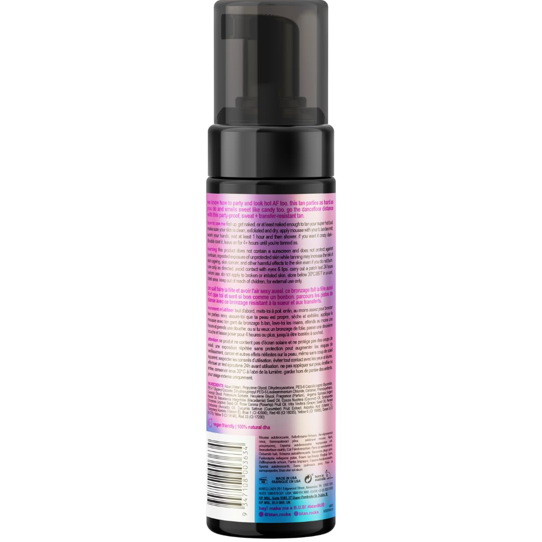 Two bottles of B.tan violet self tanning mousse side by side