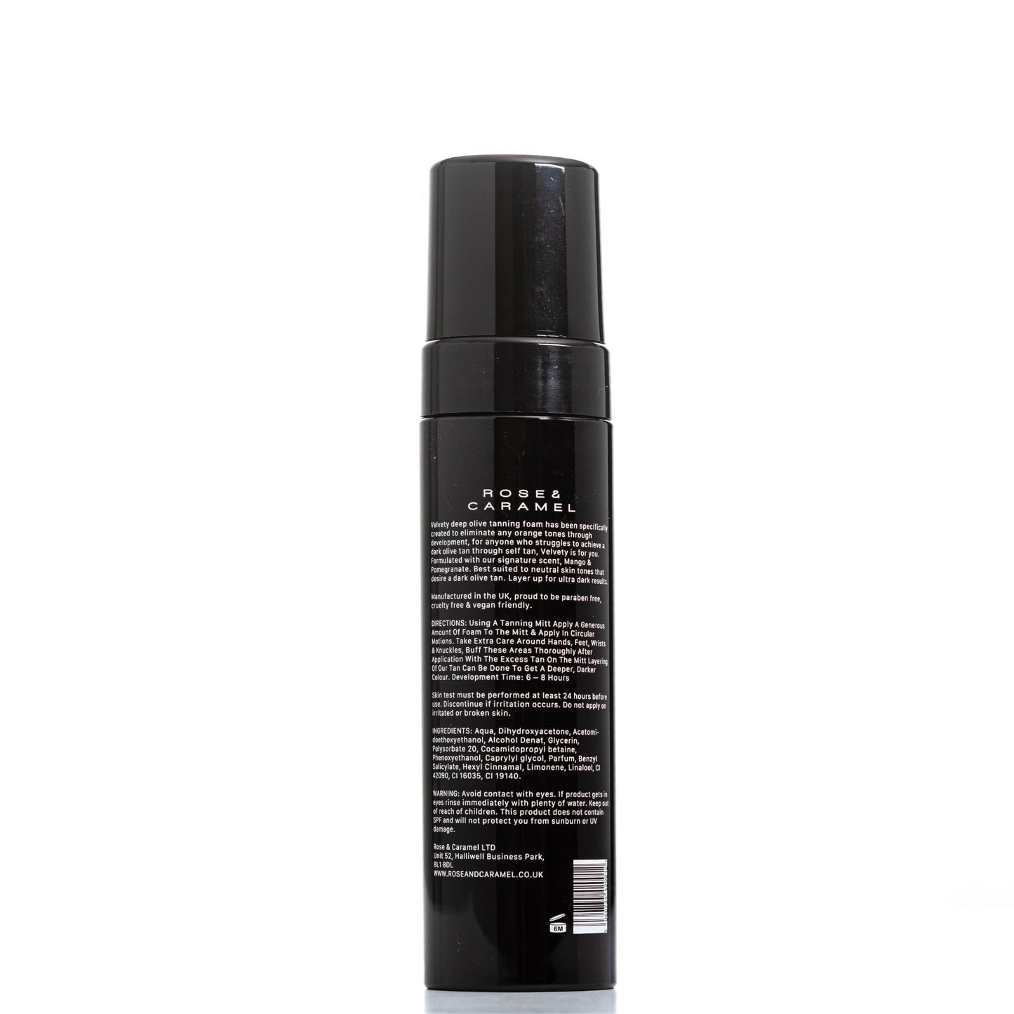 Close up of Rose and Caramel tanning mousse packaging details