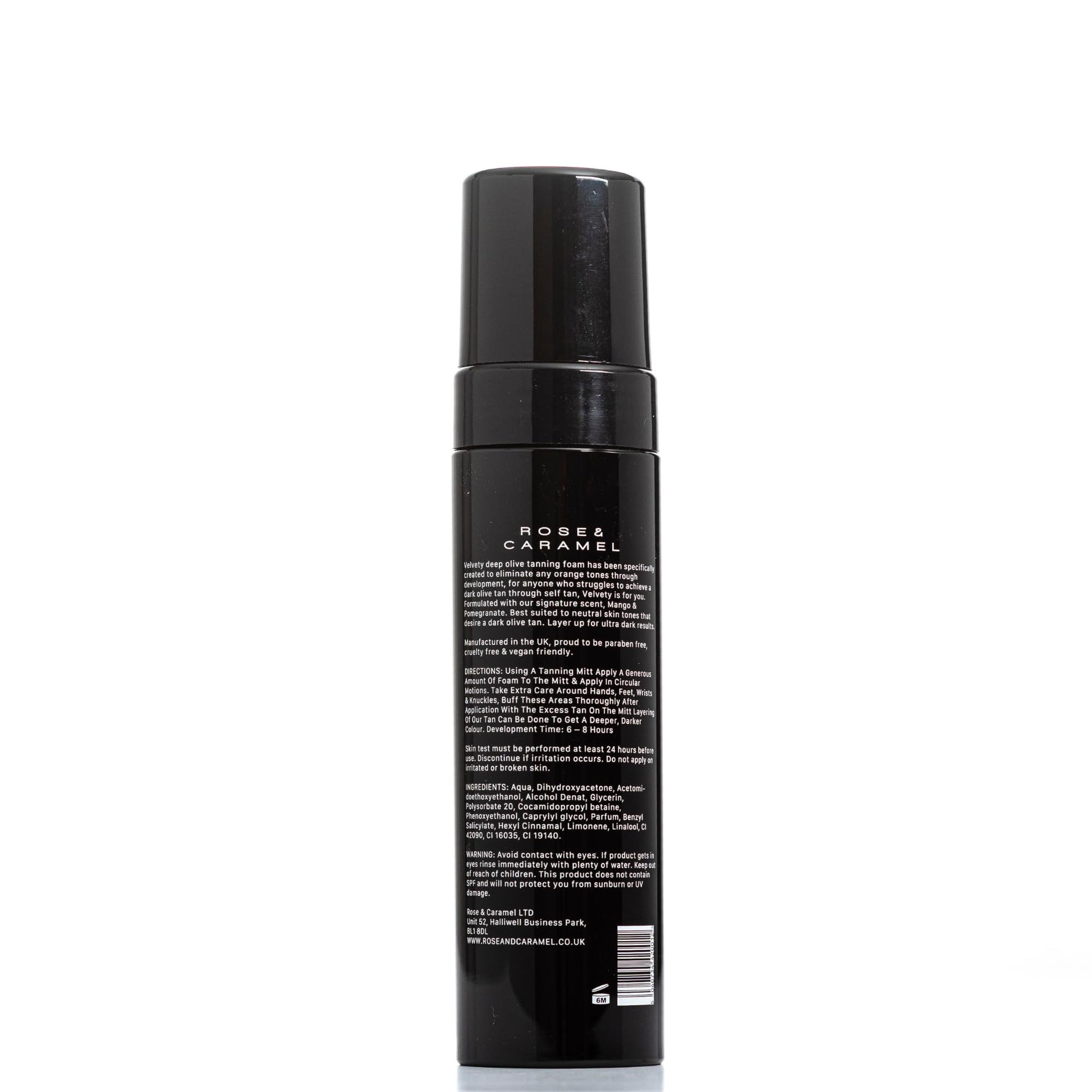 Close up of Rose and Caramel tanning mousse packaging details