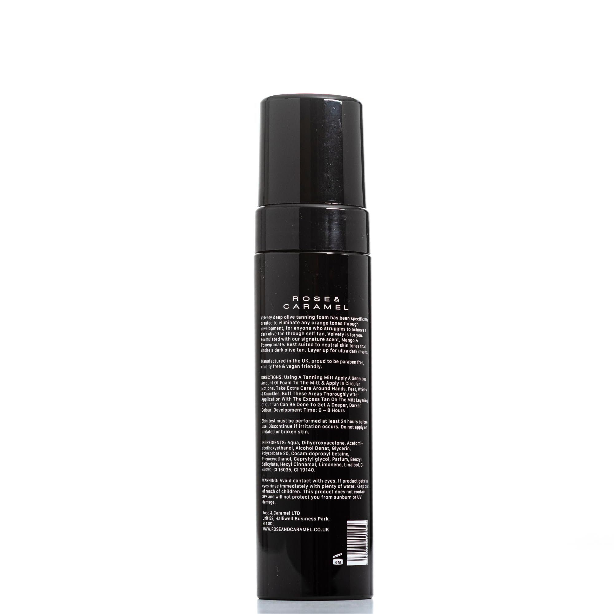 Close up of Rose and Caramel tanning mousse packaging details