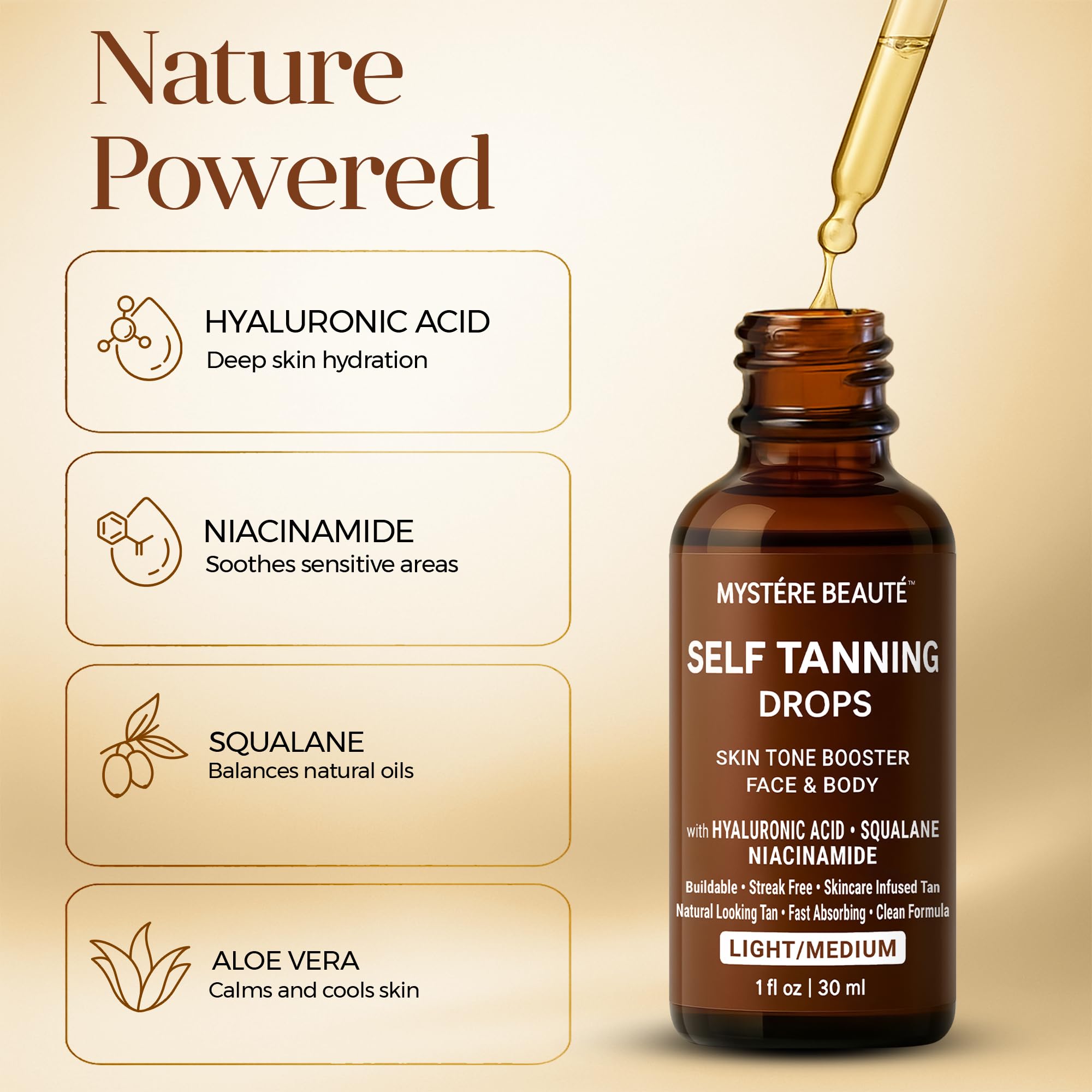 Side profile of Mystere Beaute tanning drops 1 fluid ounce bottle