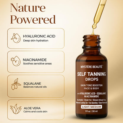 Side profile of Mystere Beaute tanning drops 1 fluid ounce bottle