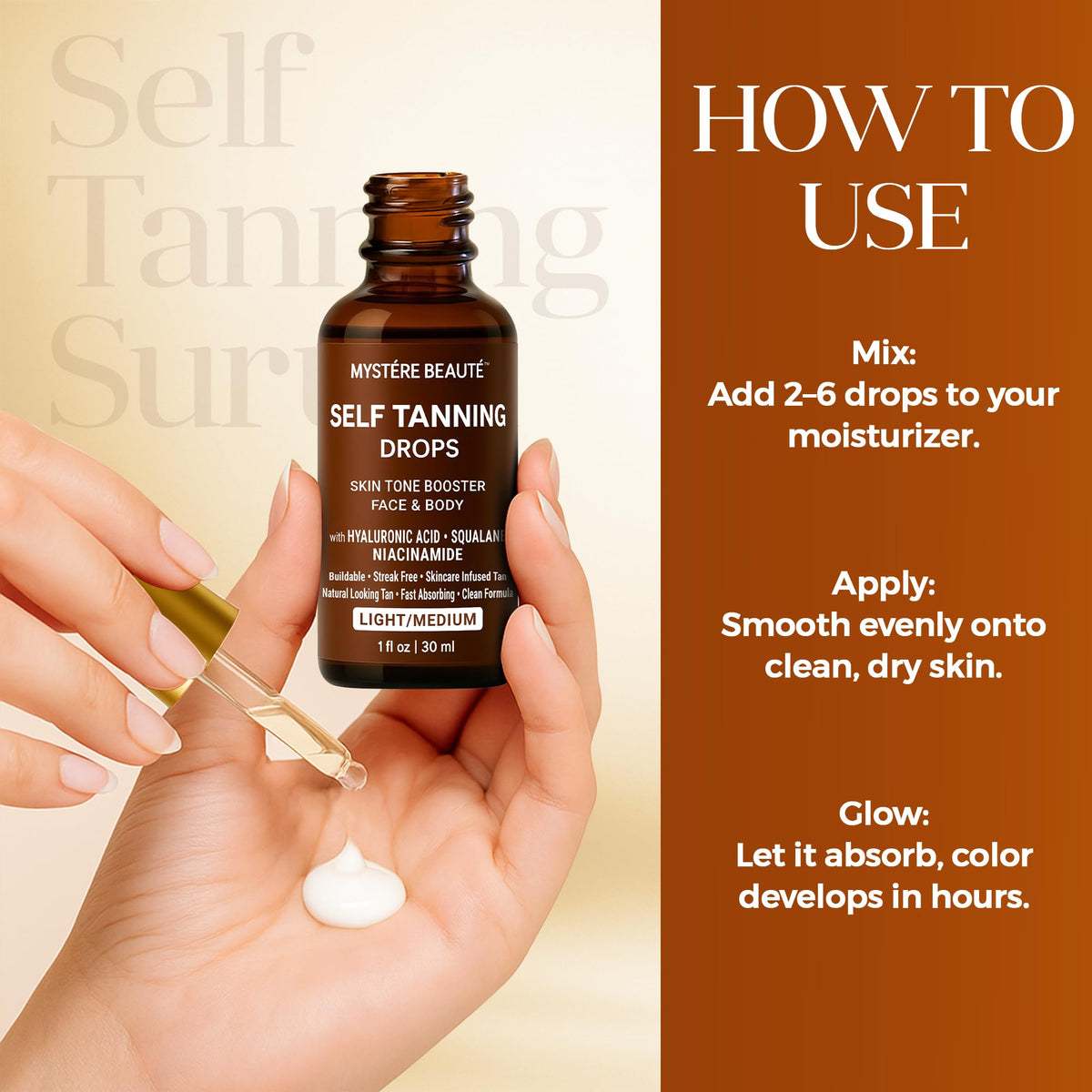Side profile of Mystere Beaute hydrating self tanning drops bottle