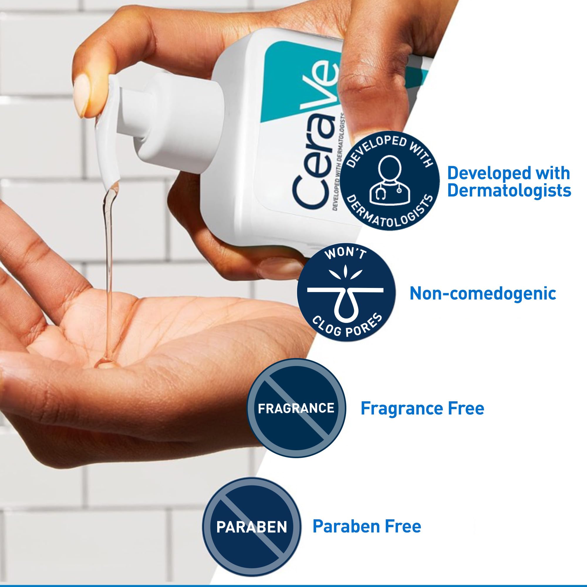 CeraVe gel to foam cleanser texture shot displaying clear purifying liquid