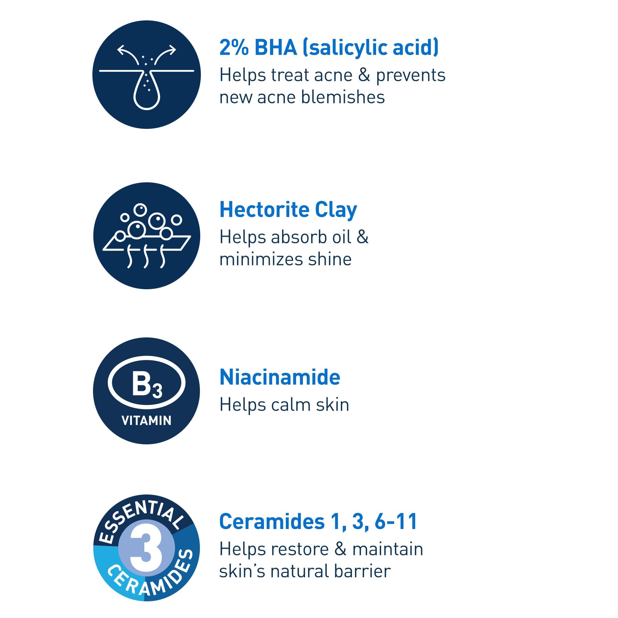 Back label of CeraVe acne control cleanser showing essential ceramides ingredients list