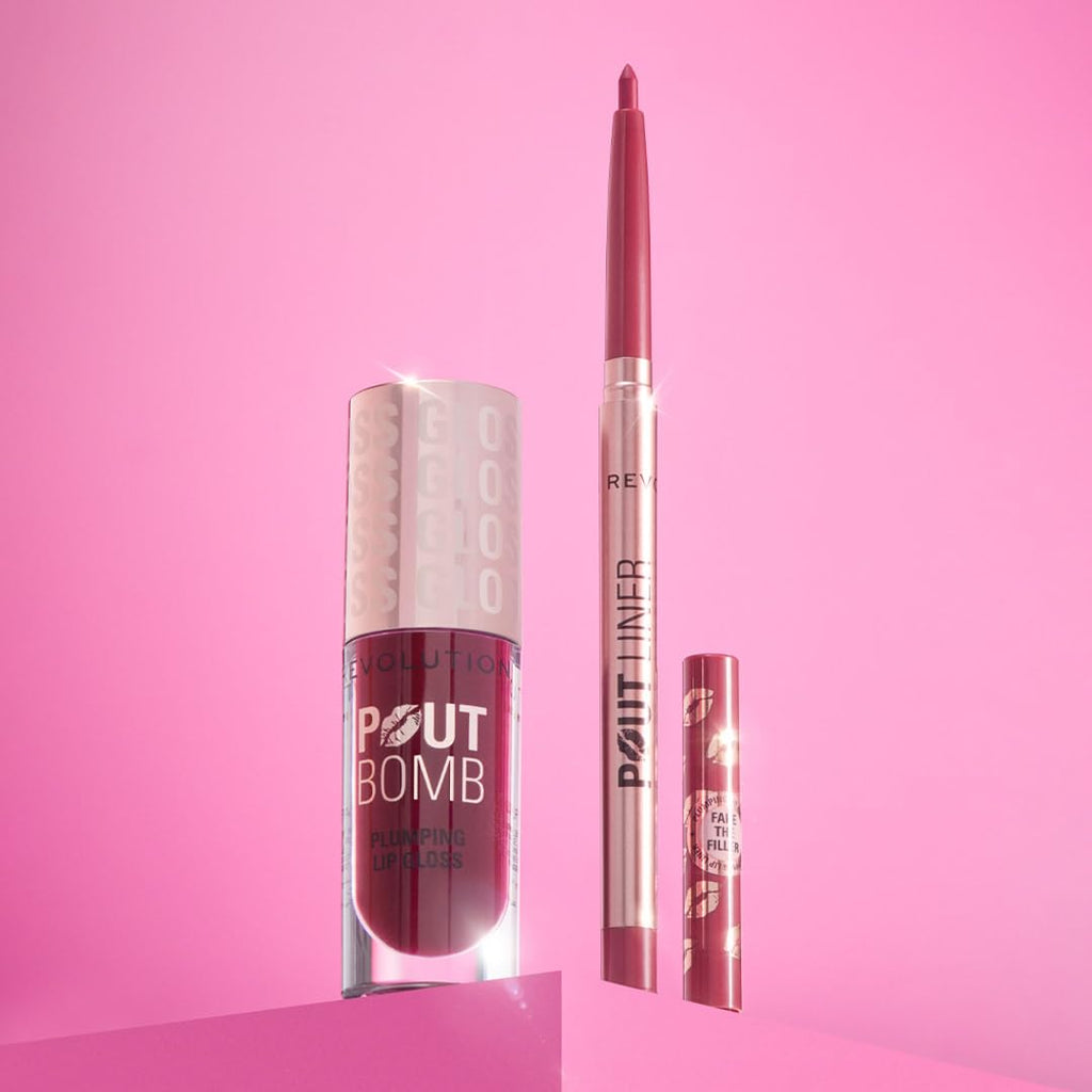 Lifestyle presentation of the Makeup Revolution Pout Bomb packaging and design.