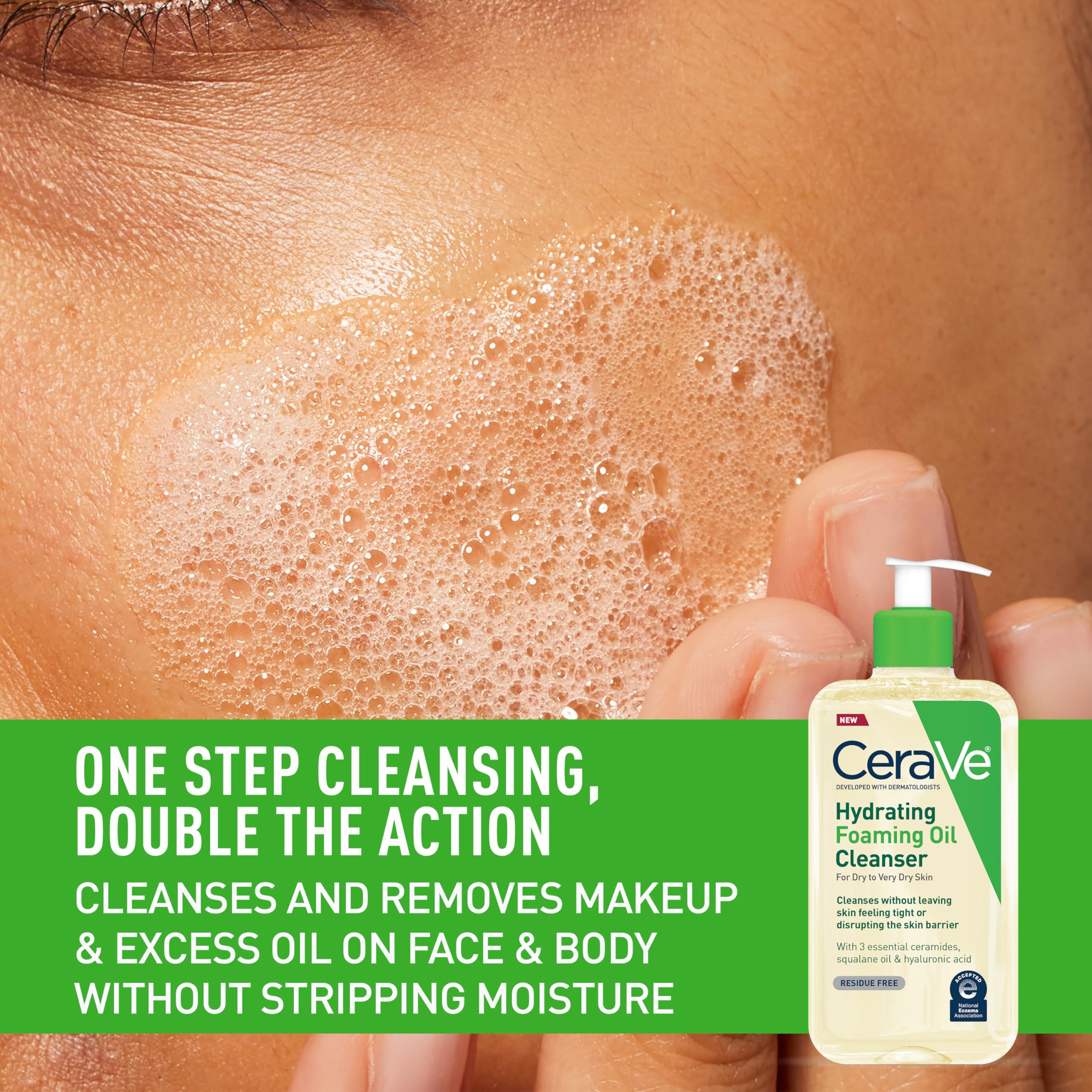 Back label of CeraVe hydrating foaming oil cleanser showing directions and ingredients