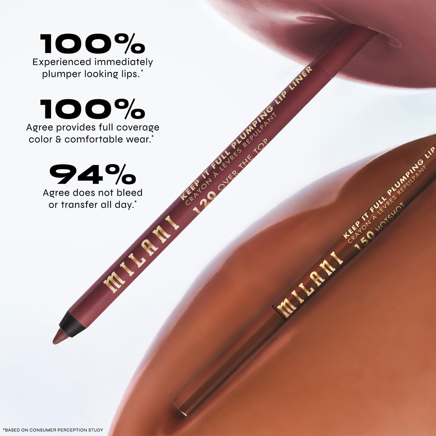 Swatches of the Twice As Spice plumping lip liner on different skin tones to display color payoff.