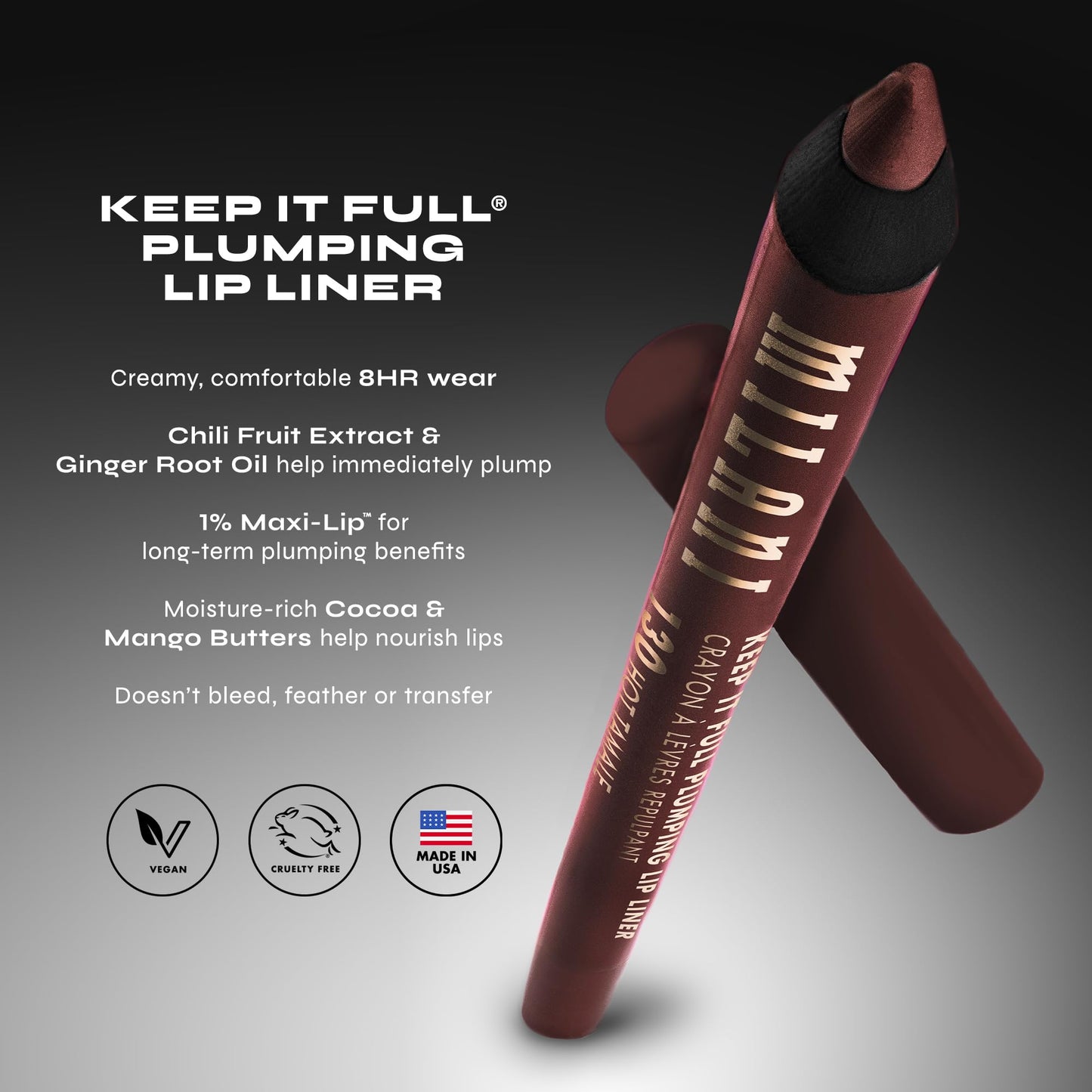 Side profile of the Milani lip pencil emphasizing the precise sharpenable tip and clean branding.