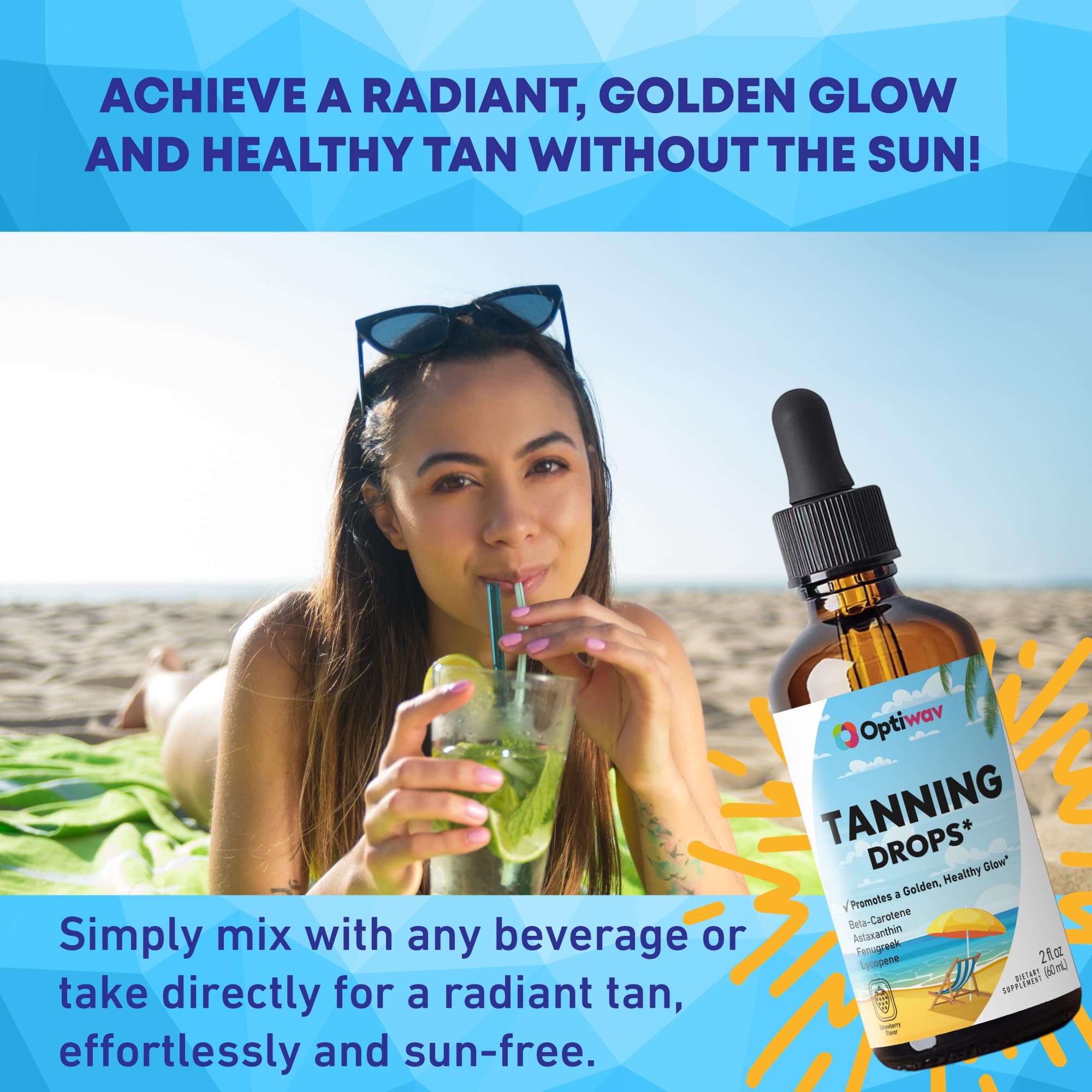 Optiwav drinkable self-tanning drops liquid supplement packaging