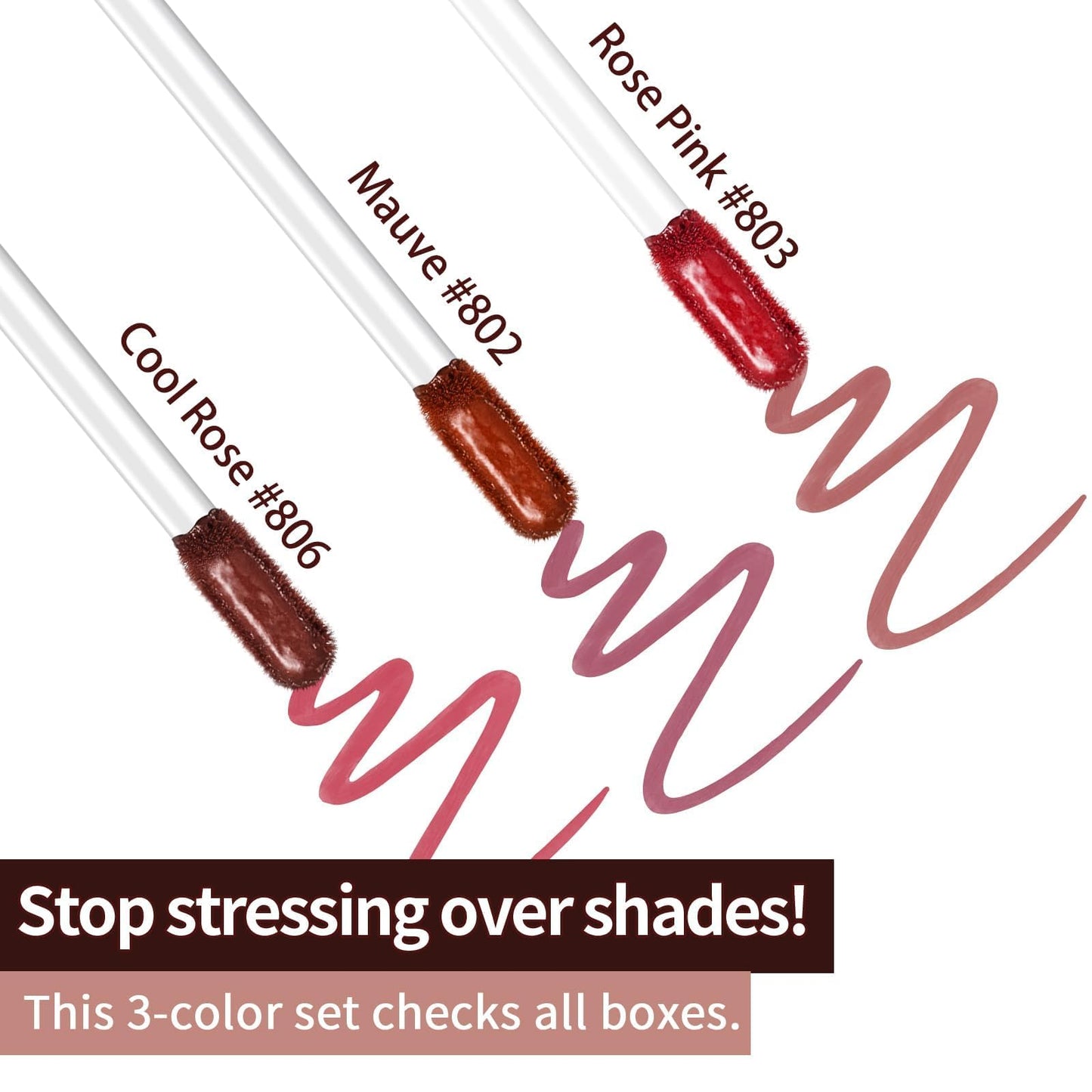Waterproof lip stain shades 802 803 and 806 color swatches displayed on skin