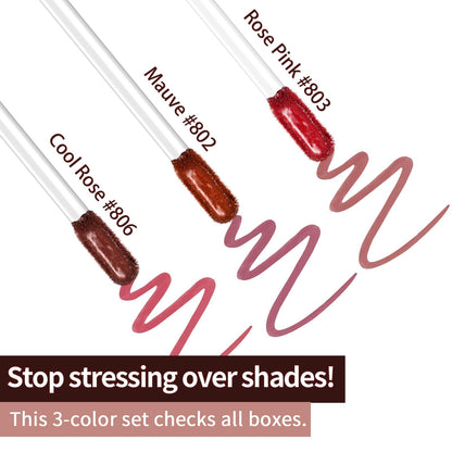Waterproof lip stain shades 802 803 and 806 color swatches displayed on skin