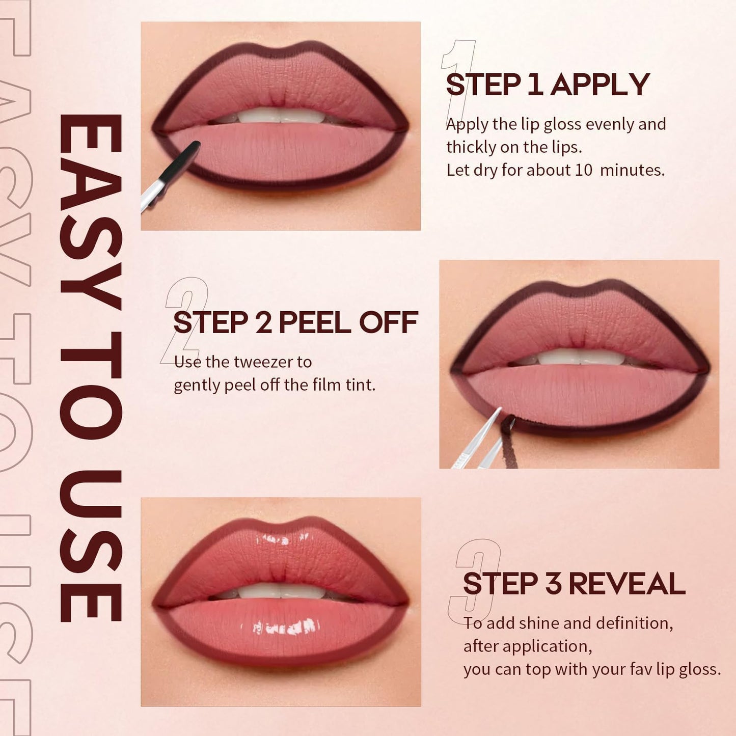 Highly pigmented cosmetic lip stain kit displaying the gel formula texture