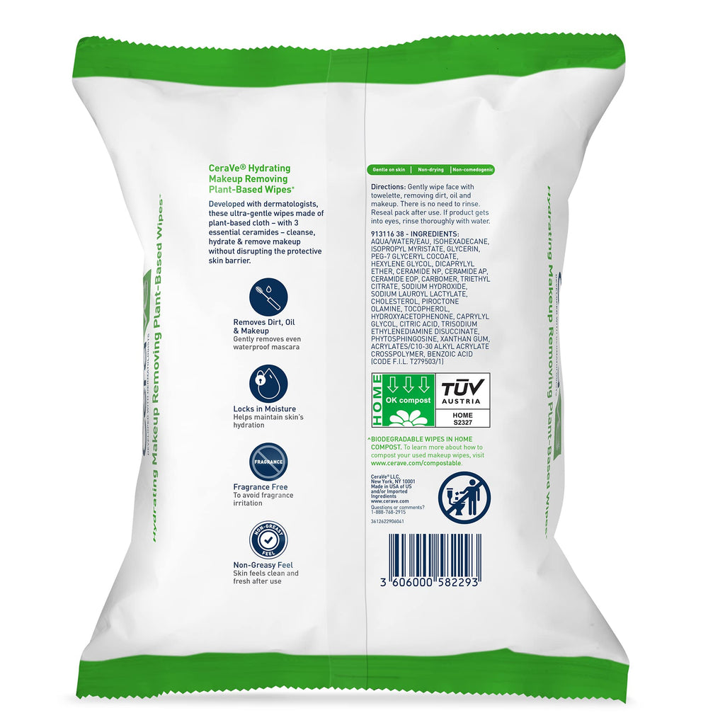 CeraVe plant based makeup remover wipes packaging back view