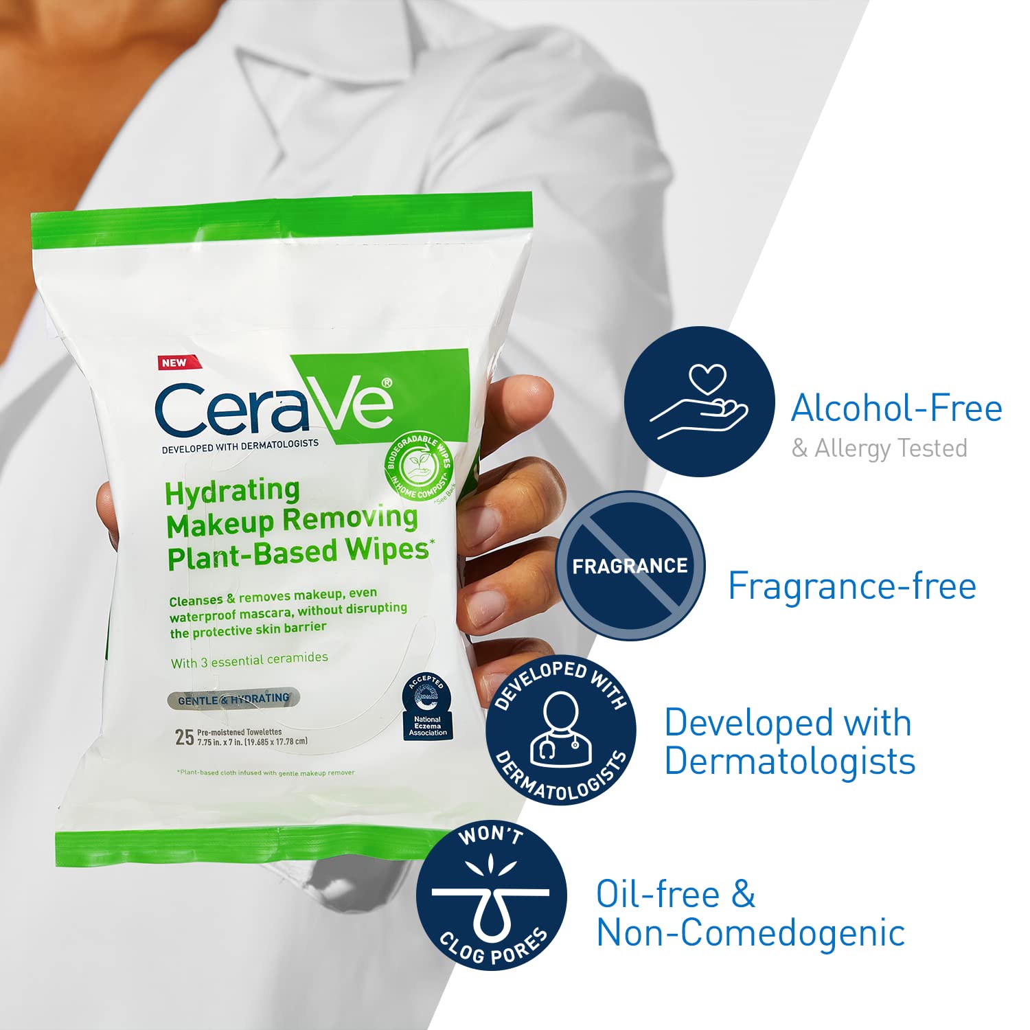 Pre moistened CeraVe fragrance free face wipe being pulled from the travel friendly pack