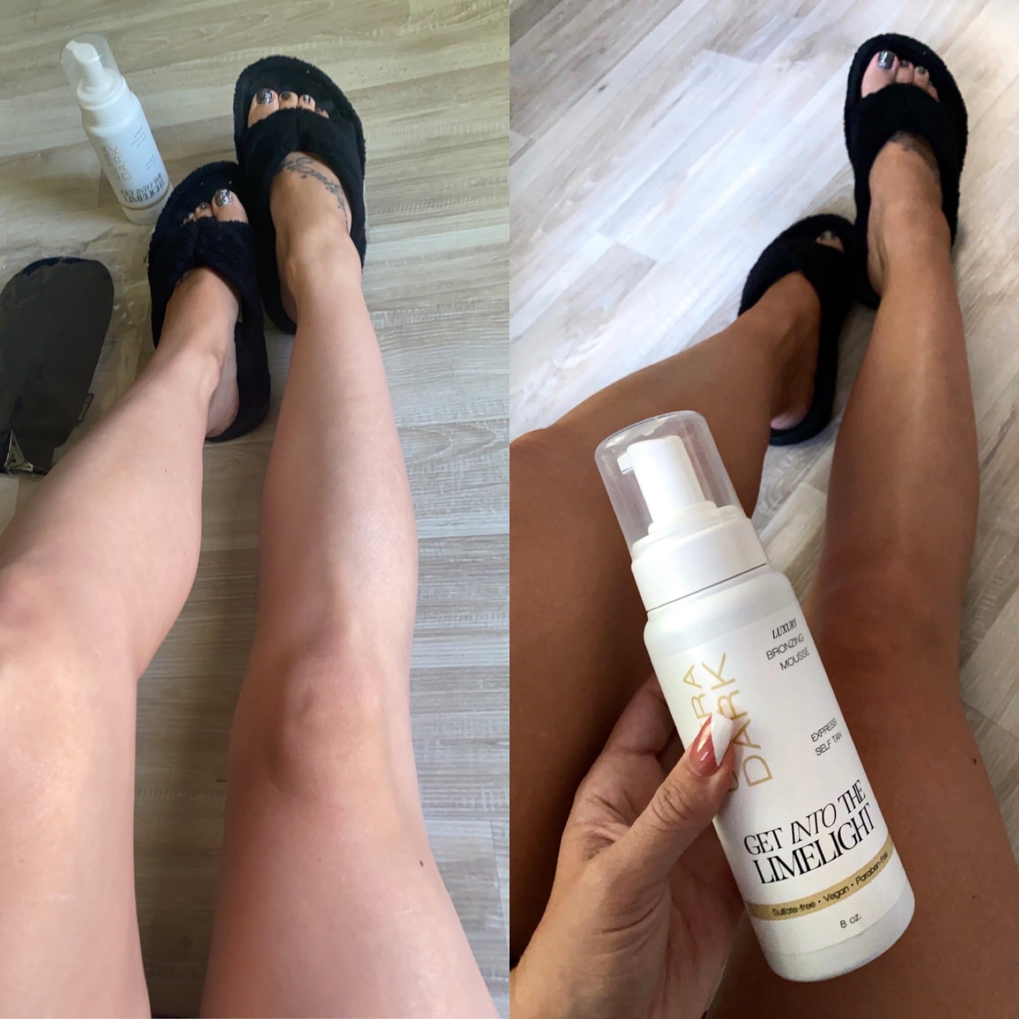 Before and after results using Get Into The Limelight tanning mousse