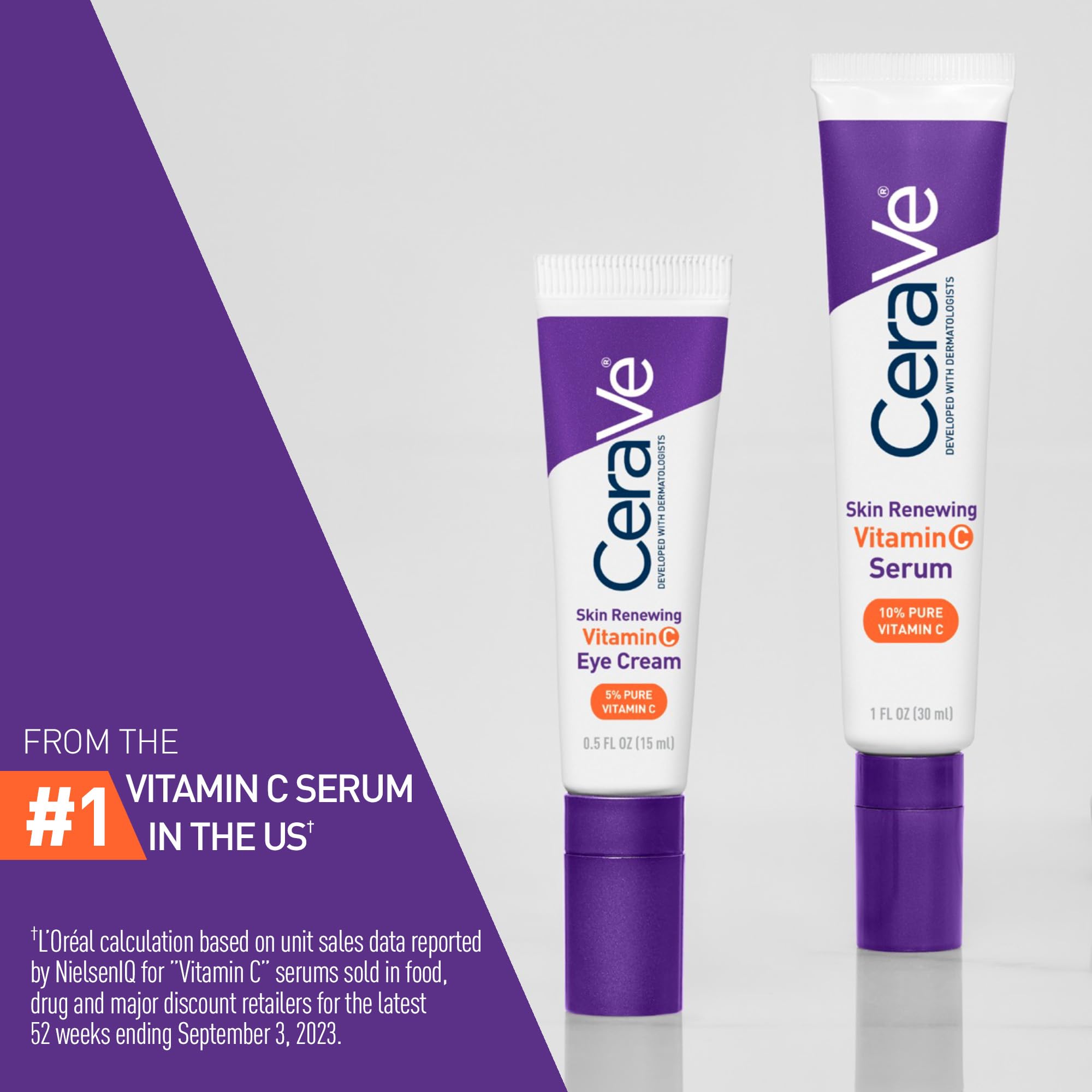 CeraVe under-eye treatment tube showing ingredients like Vitamin C and ceramides